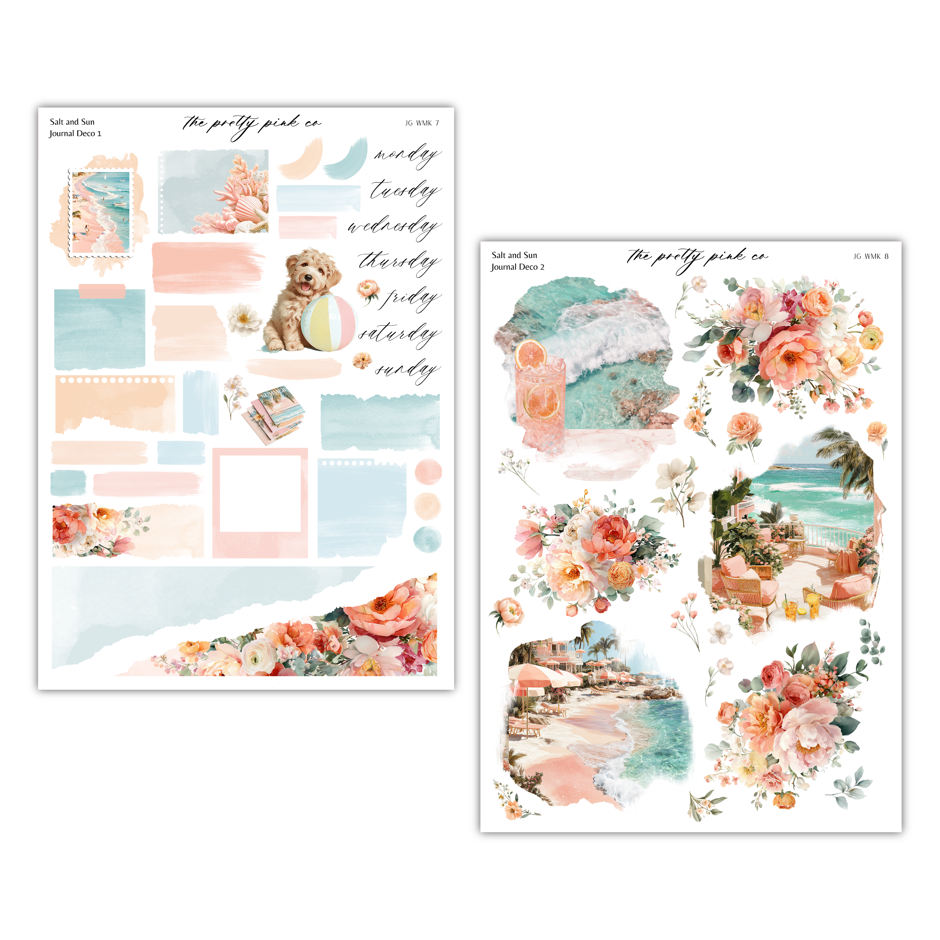 two separate images, each featuring a variety of floral and beach-themed elements. The images are arranged side by side, creating a visually appealing collage.