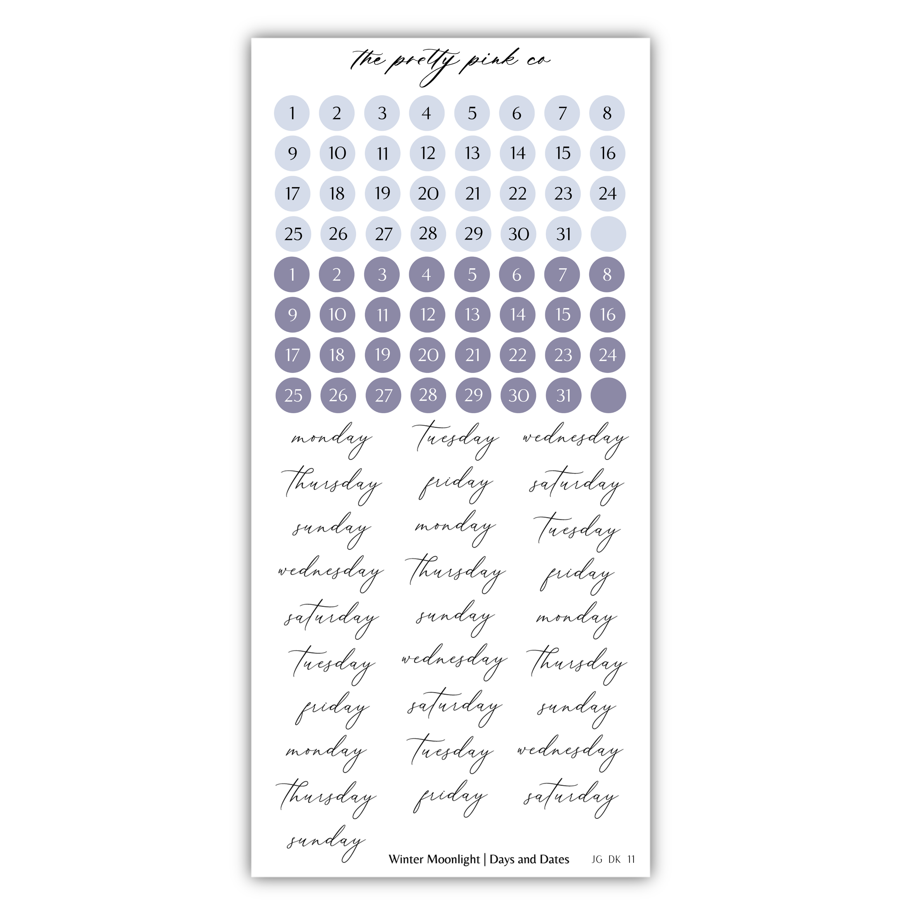 The image is a calendar with a grid of days and dates, and a list of days written in cursive.