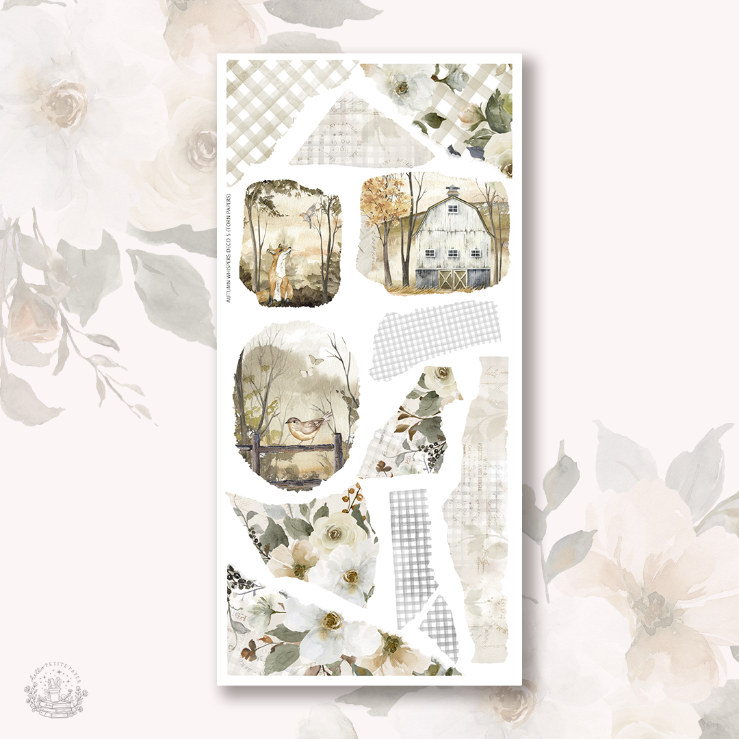 The image is a collage of various watercolor-style illustrations, including a barn, trees, flowers, and a bird, all set against a floral background.
