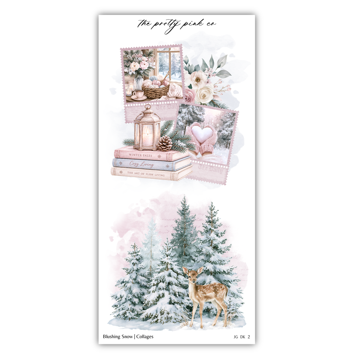 The image is a collage of various winter-themed elements, including a lantern, books, a deer, and a snowy forest.