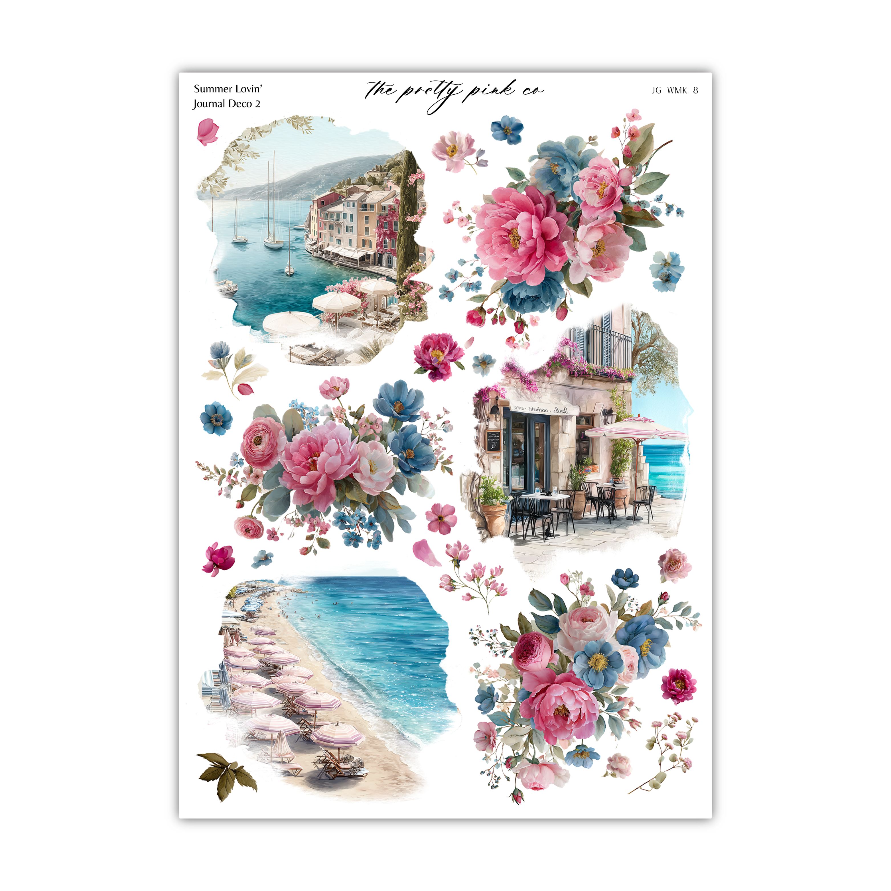 The image is a collage of various pictures featuring different scenes, including a coastal town, a beach, and a flower-filled landscape.