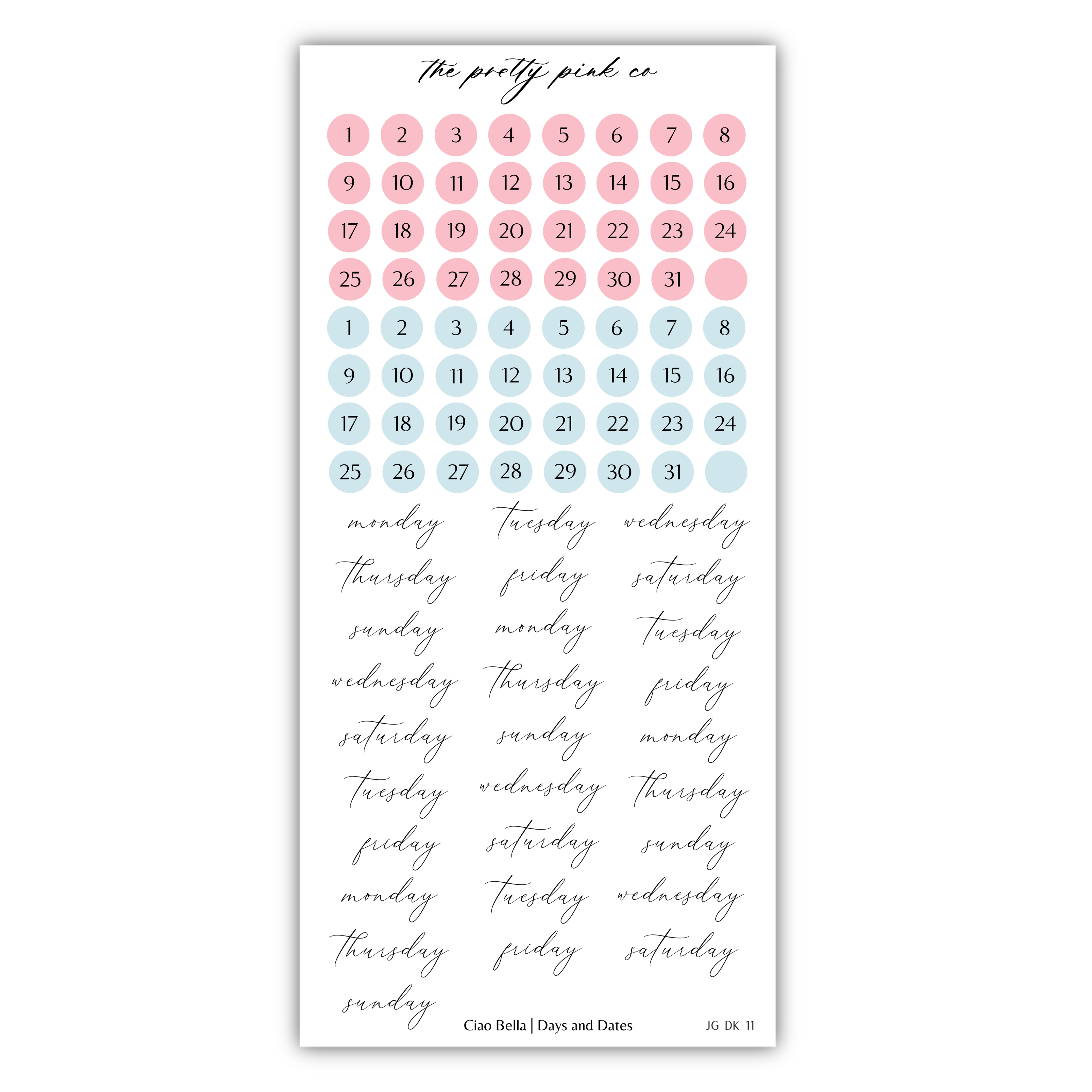 The image is a calendar with a grid of colored circles representing days of the week, and the days of the week written in cursive.