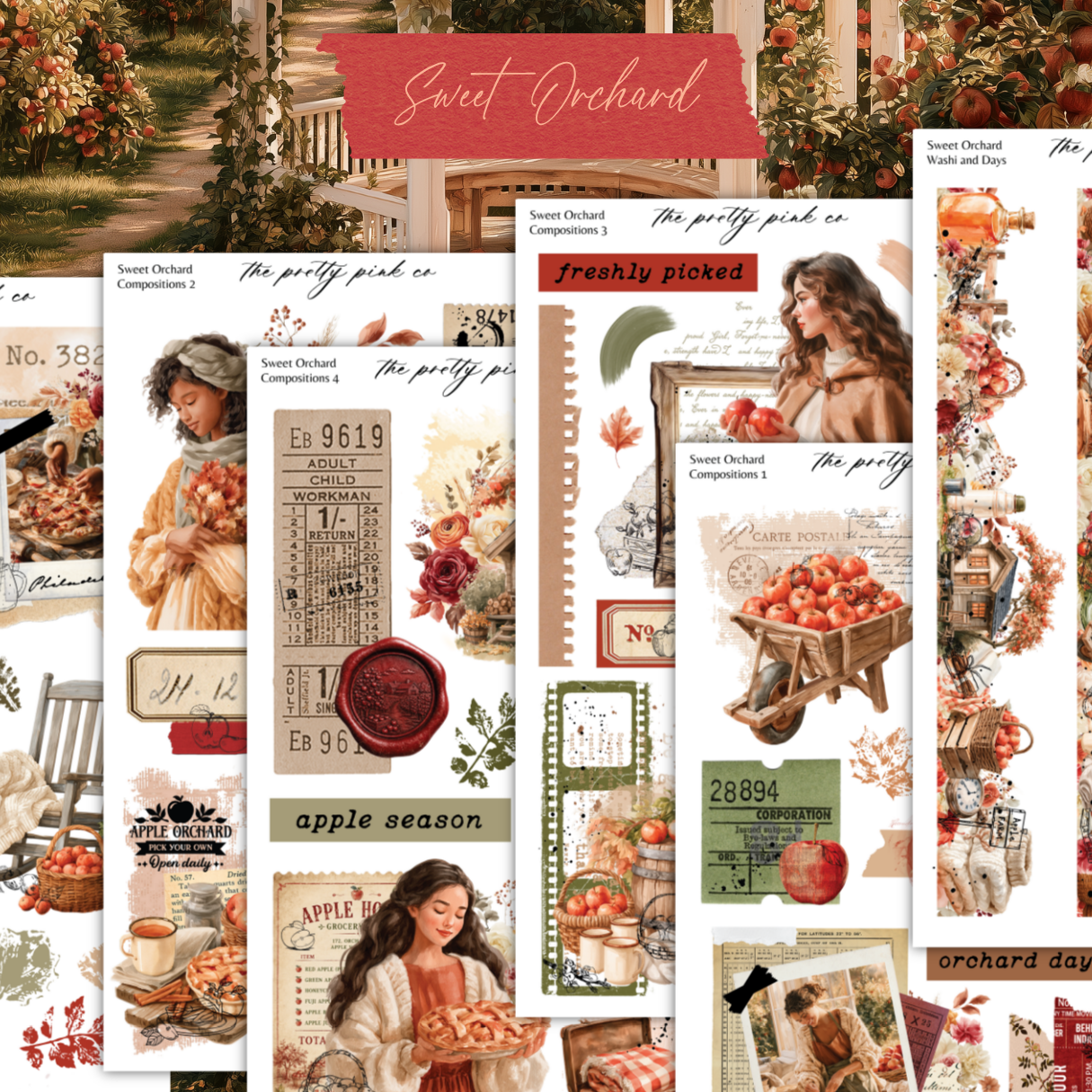 The image is a collage of various images related to the theme of "Sweet Orchard", including images of apples, a woman, and other autumn-themed elements.
