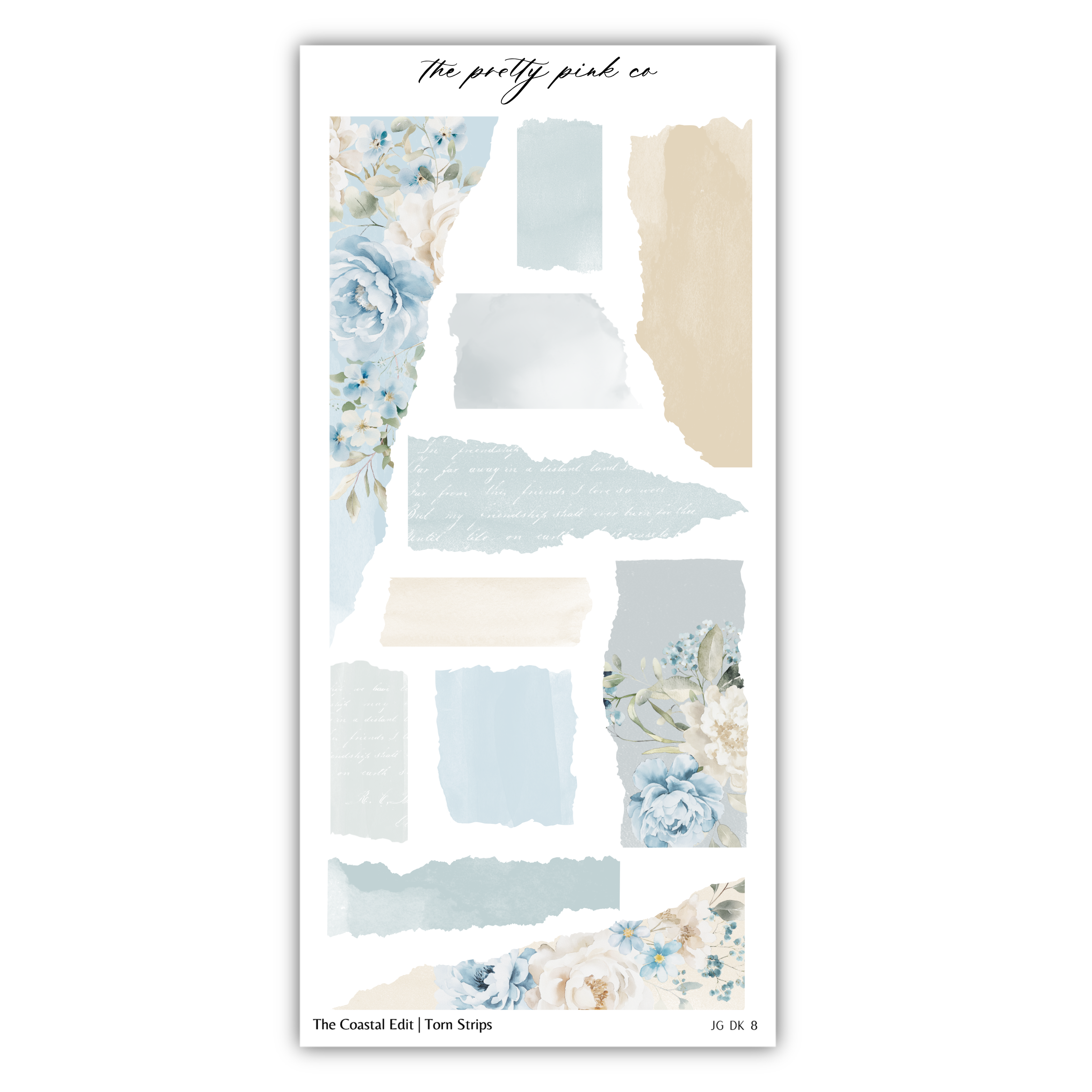The image is a collage of various abstract and floral-themed elements, including torn strips, watercolor-like textures, and floral patterns. The collage appears to be a creative and artistic representation of the coastal editing theme, as indicated by the text "The pretty pink co" and "The Coastal Edit | Tons of Stripes".
