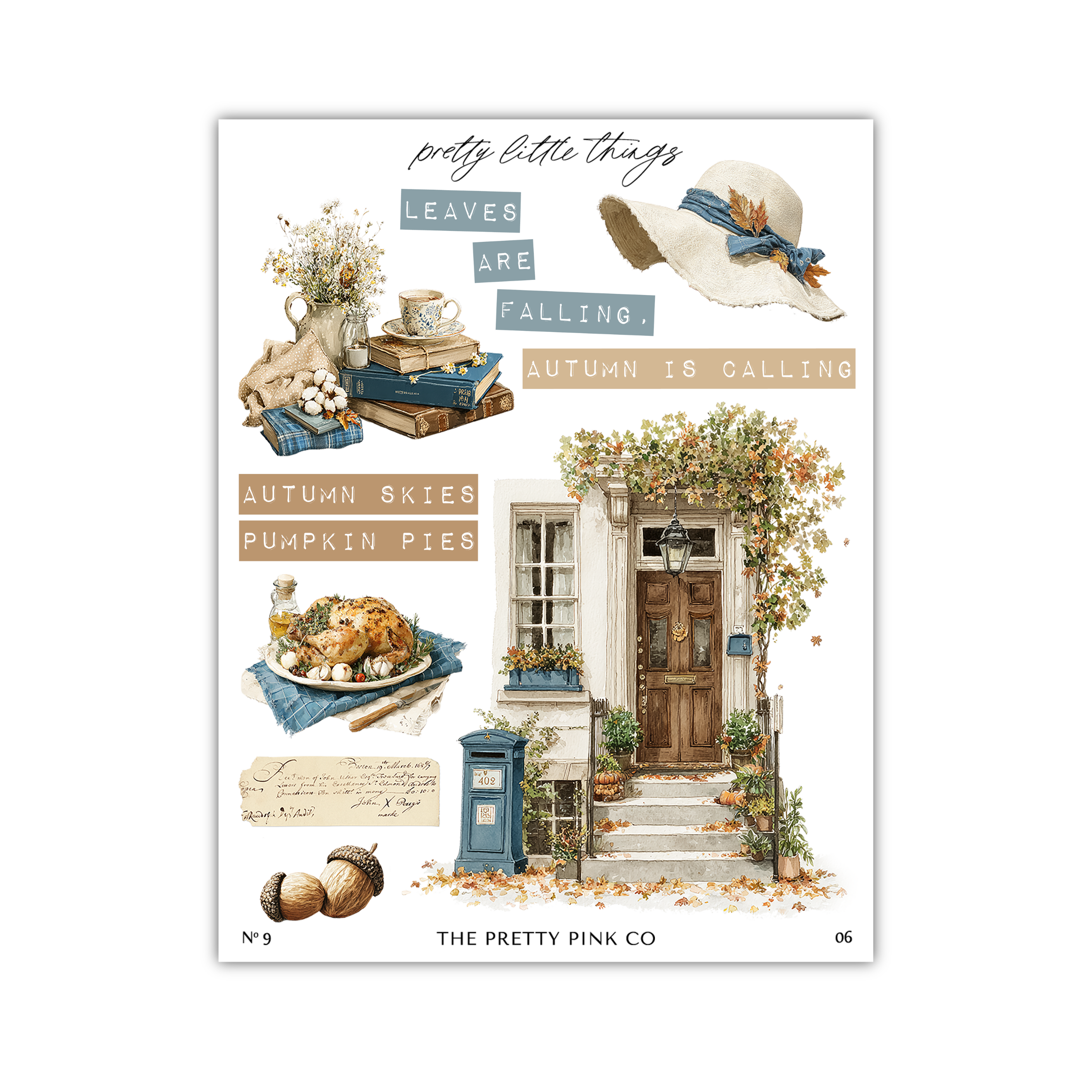 The image is a collage of various autumn-themed elements, including leaves, a hat, a house, pumpkins, and other fall-related items.