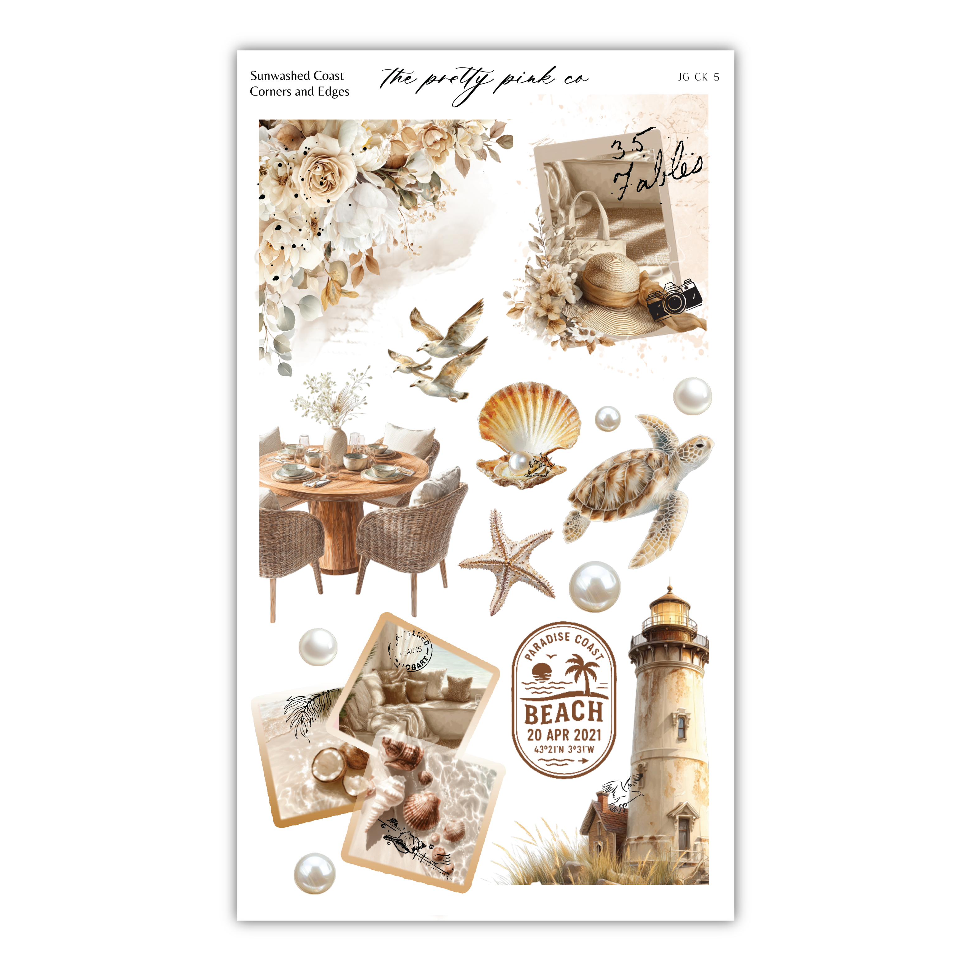 The image is a collage of various beach-themed elements, including a lighthouse, seashells, a bird, a table, and a vase.