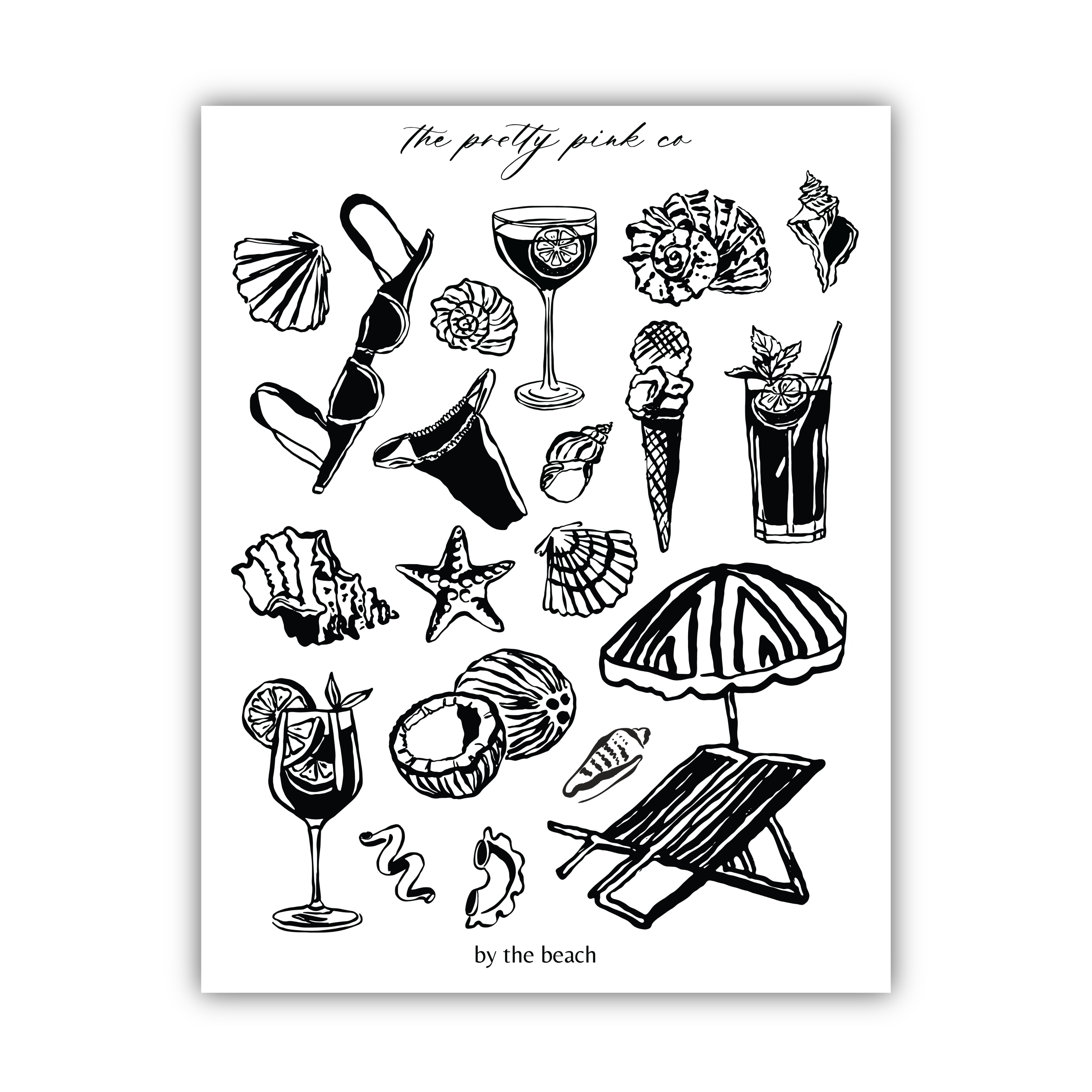 The image is a collection of various beach-related items and illustrations, including a glass of wine, a seashell, a starfish, an umbrella, and other beach-themed objects.