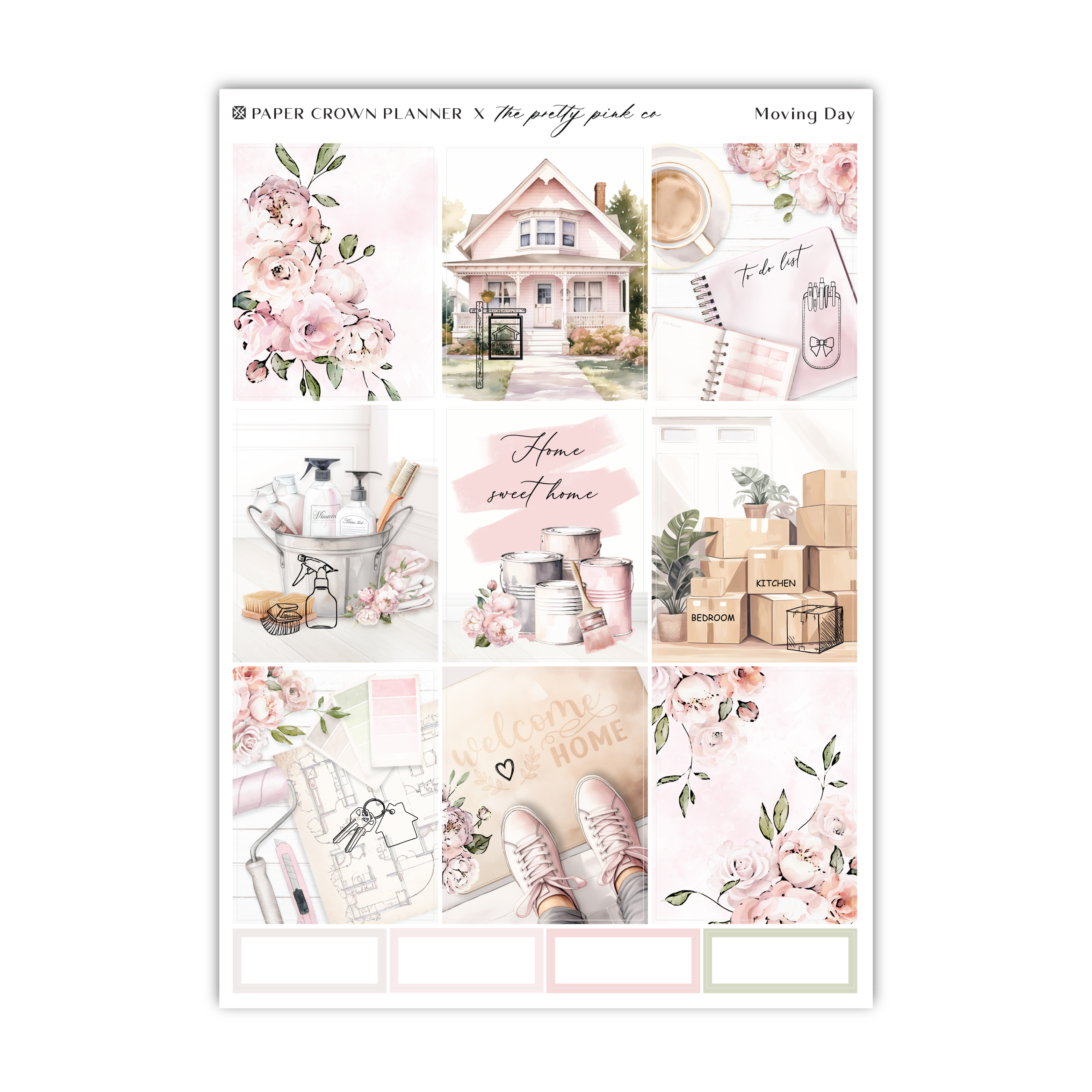 a sticker sheet with pink flowers and a house