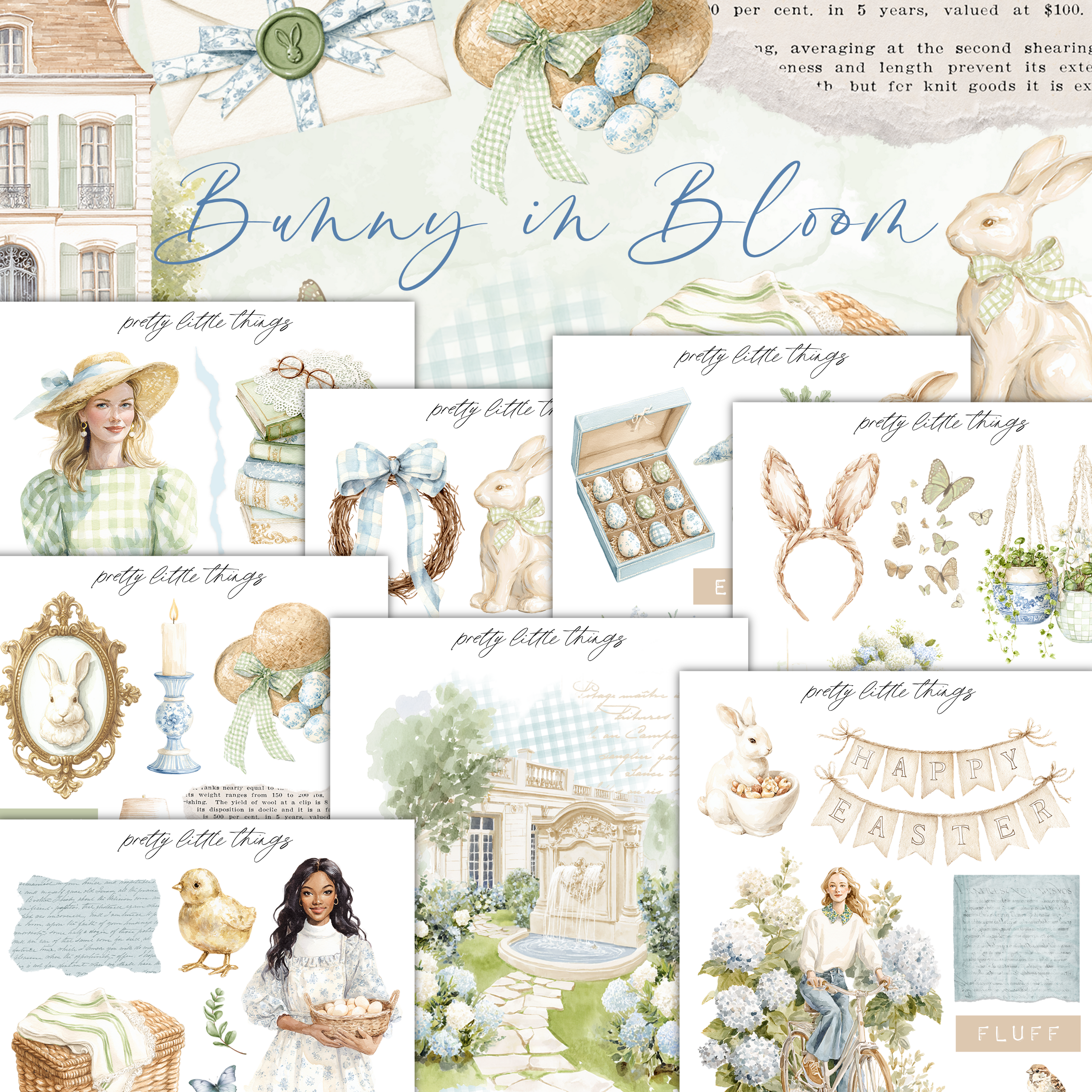 The image is a collage of various Easter-themed illustrations and objects, including a woman in a green dress, a bunny, eggs, flowers, and other decorative elements. The collage is titled "Bunny in Bloom" and includes text that describes the content of the collage.