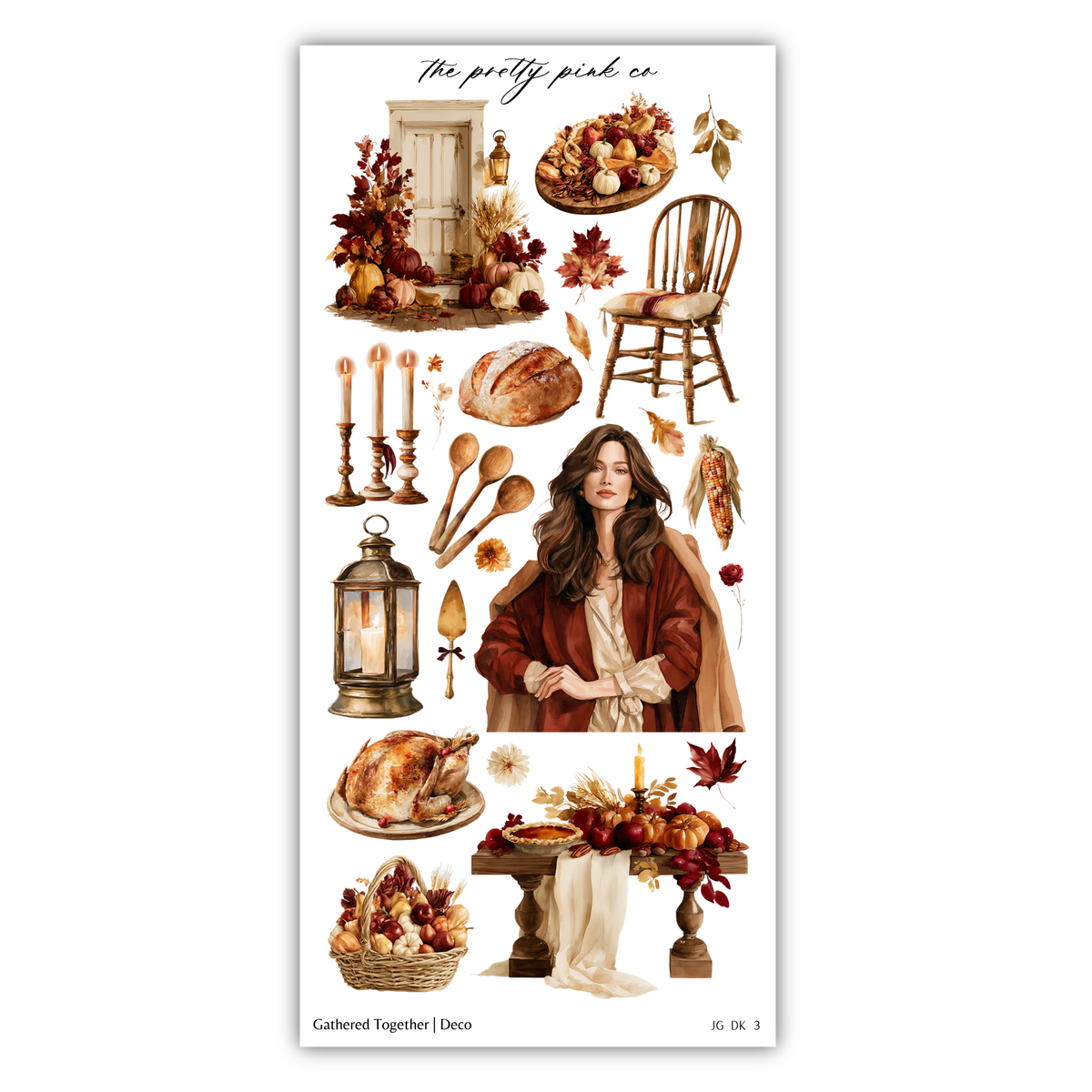 a sticker of a woman surrounded by thanksgiving decorations