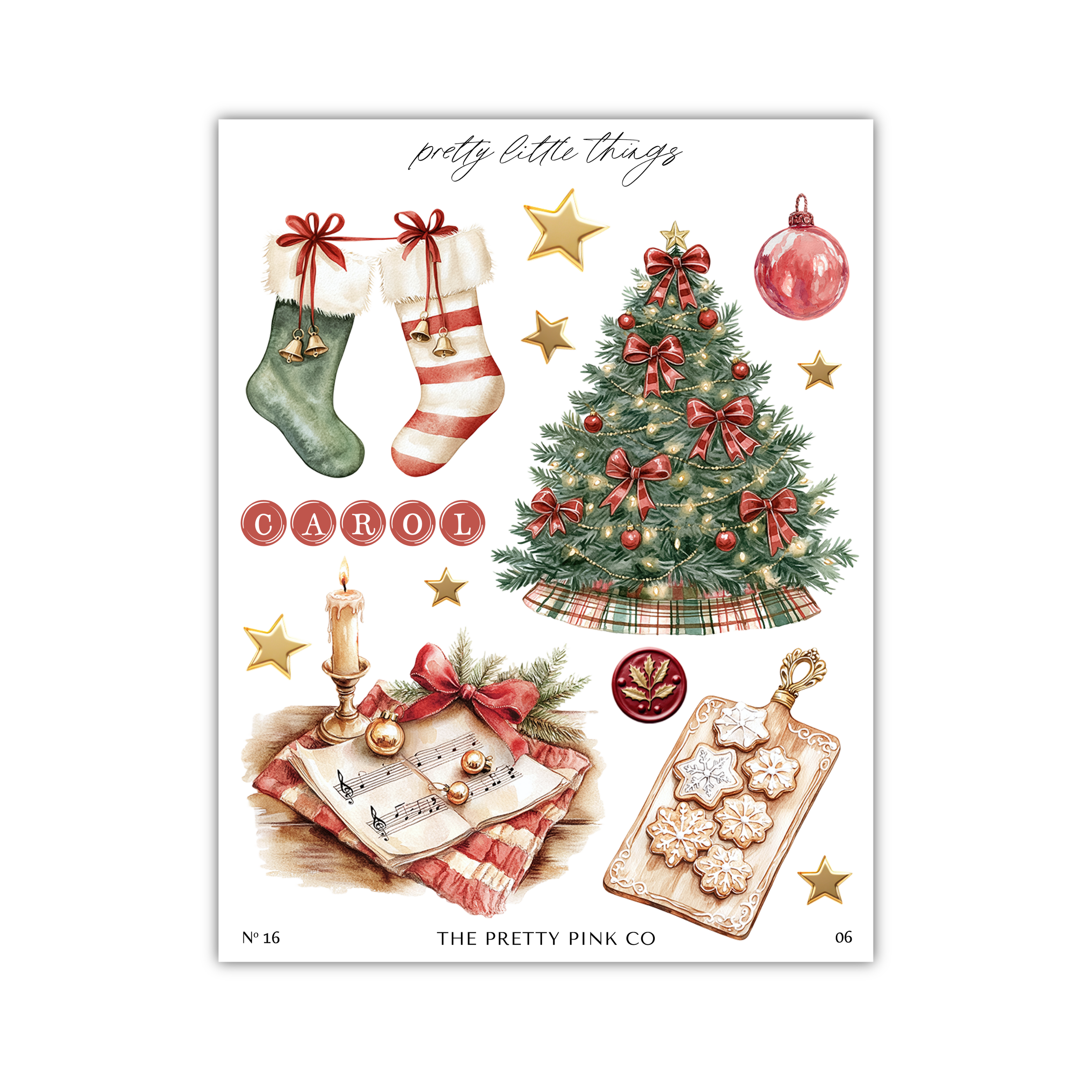The image is a collage of various Christmas-themed items, including stockings, a Christmas tree, a candle, cookies, and other festive decorations.