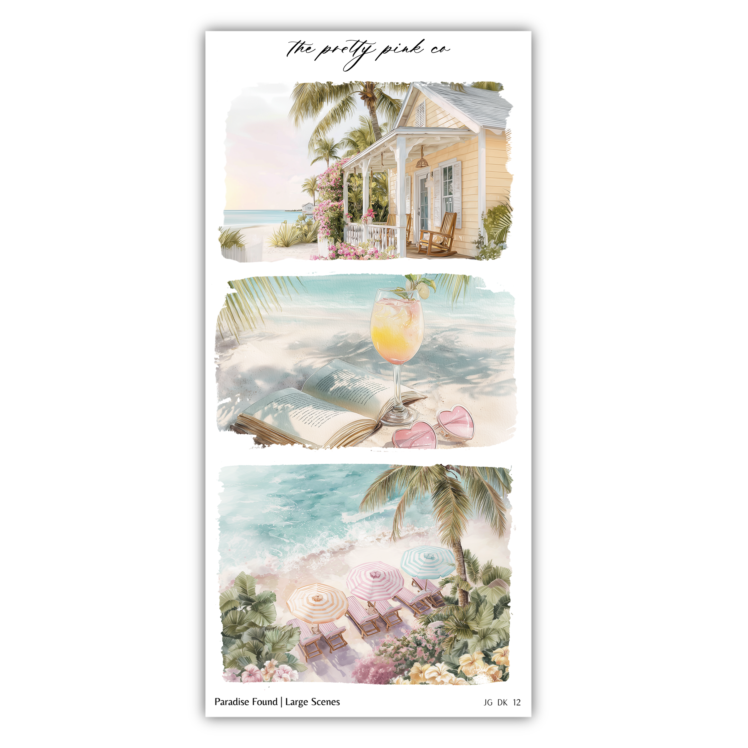 The image is a collage of three pictures depicting a tropical beach scene, a cocktail glass, and a beach umbrella.