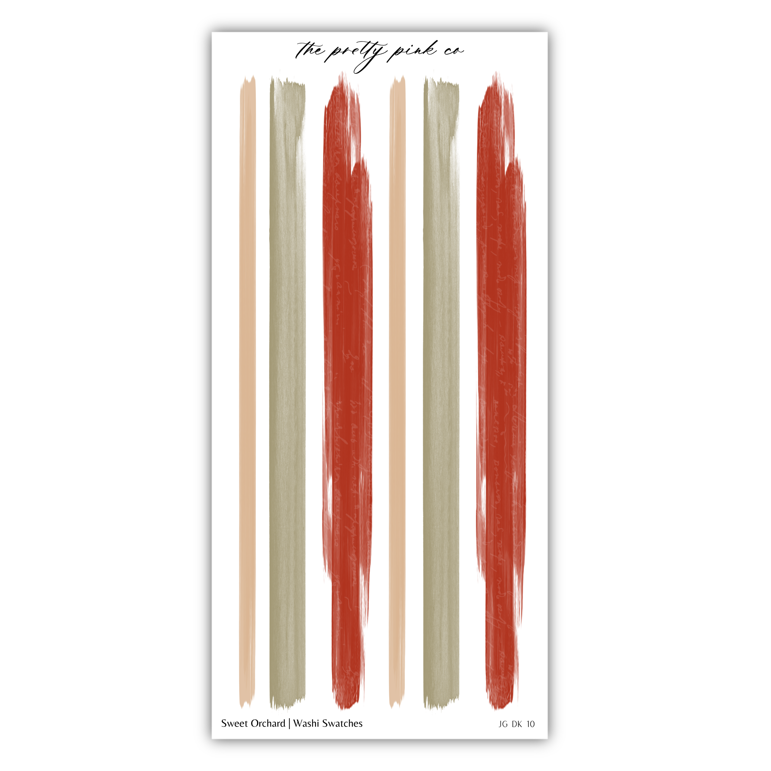 The image is a collection of abstract brushstrokes in various colors, including red, beige, and brown, arranged in a vertical line.