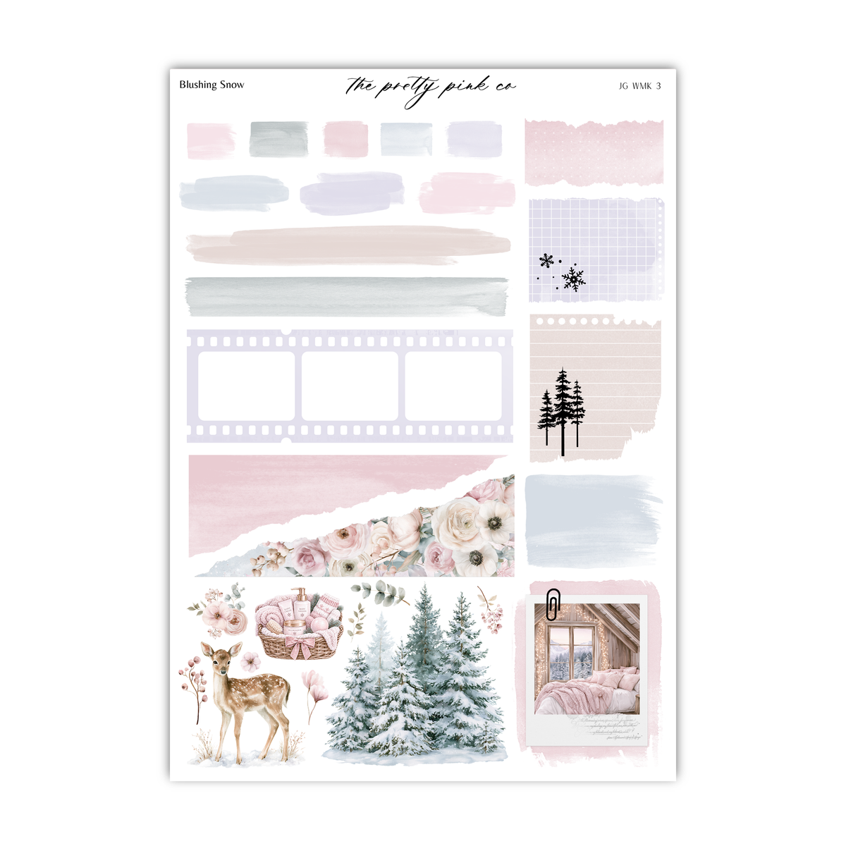 The image is a collage of various elements, including a deer, a snow-covered pine tree, and a snowy landscape. The collage also includes a snowflake, a film strip, and a photograph of a cozy cabin. The collage is titled "Blushing Snow" and includes the text "The pretty pink co" and "JK Wm 3".
