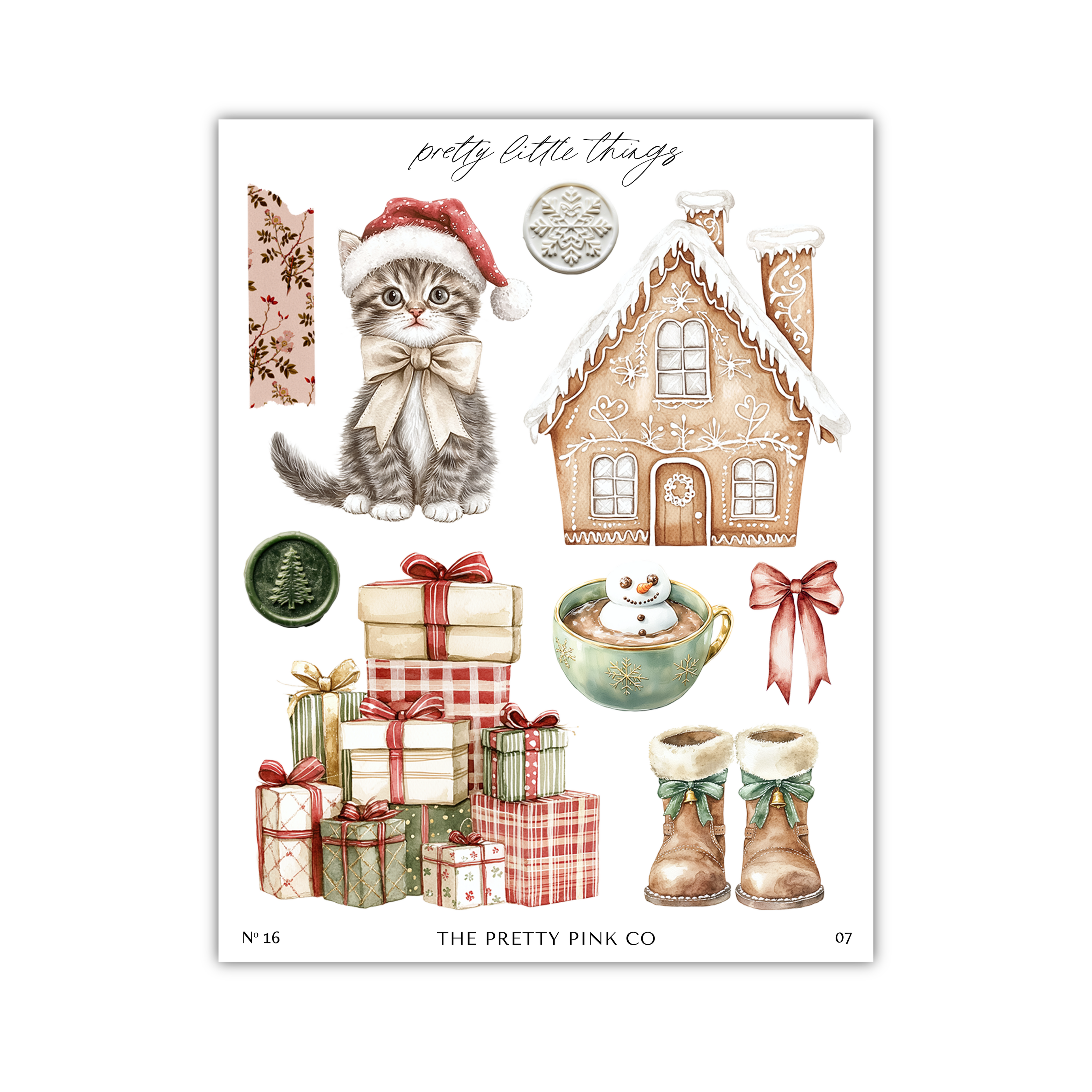 The image is a collage of various Christmas-themed items, including a cat wearing a Santa hat, a gingerbread house, gift boxes, a cup of hot chocolate, and boots.