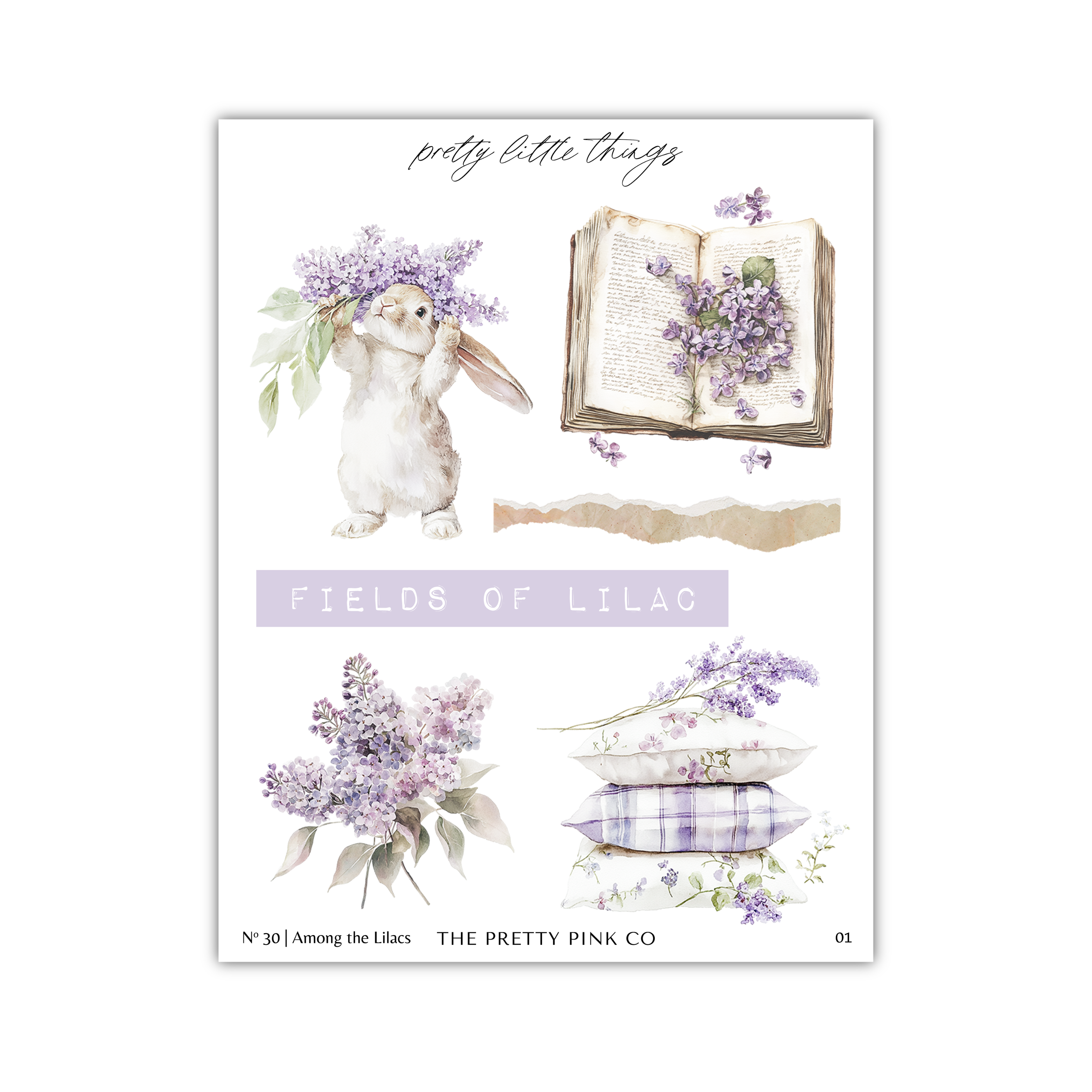The image is a collage of various illustrations related to the theme of "fields of lilac". It includes a rabbit holding a bunch of purple flowers, an open book with purple flowers, and a bouquet of purple flowers. The collage is titled "FIELDS OF LILAC" and is part of a series by "THE PRETY PINK CO".