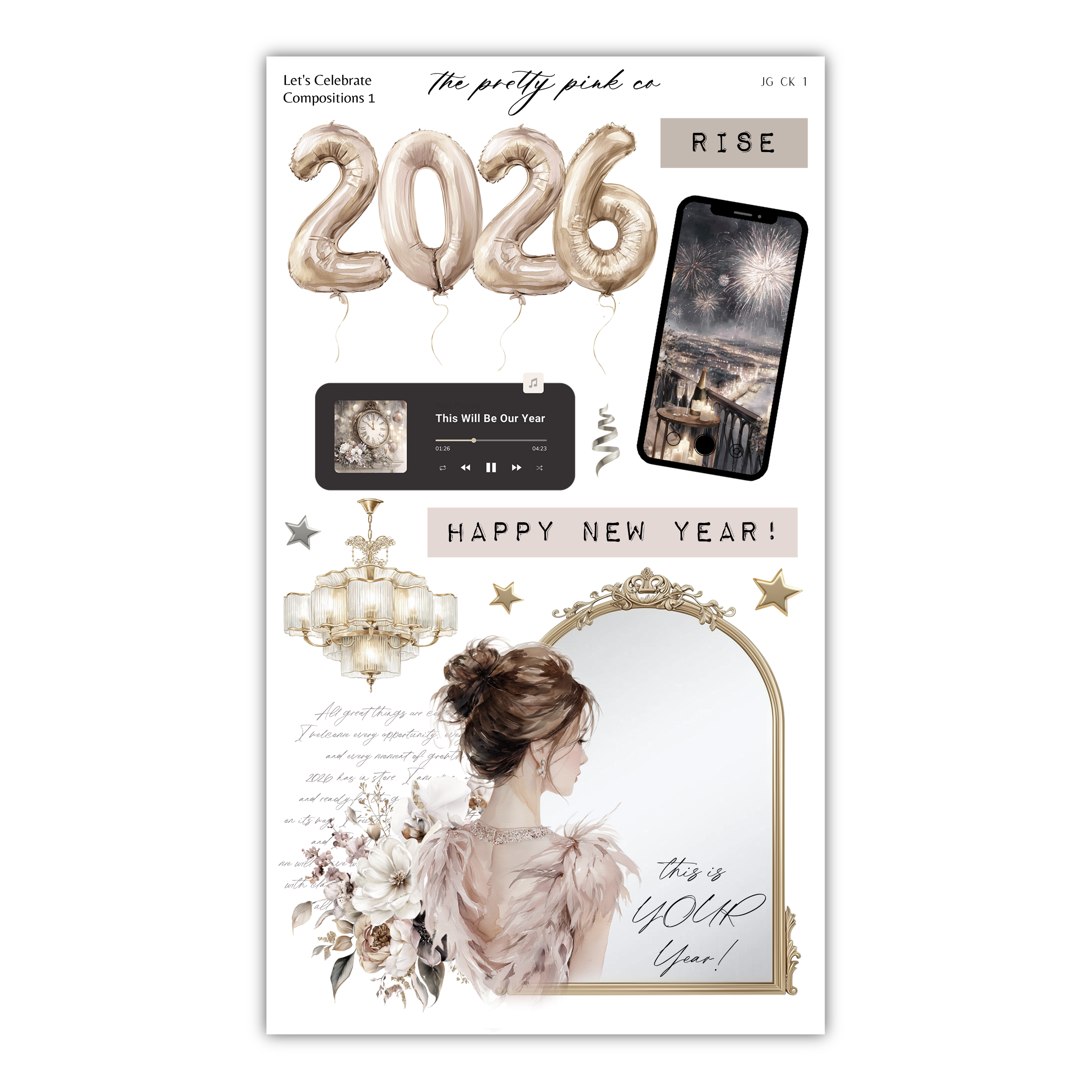 The image is a collage featuring various elements related to the New Year celebration, including balloons, a smartphone, a mirror, and a woman's portrait.