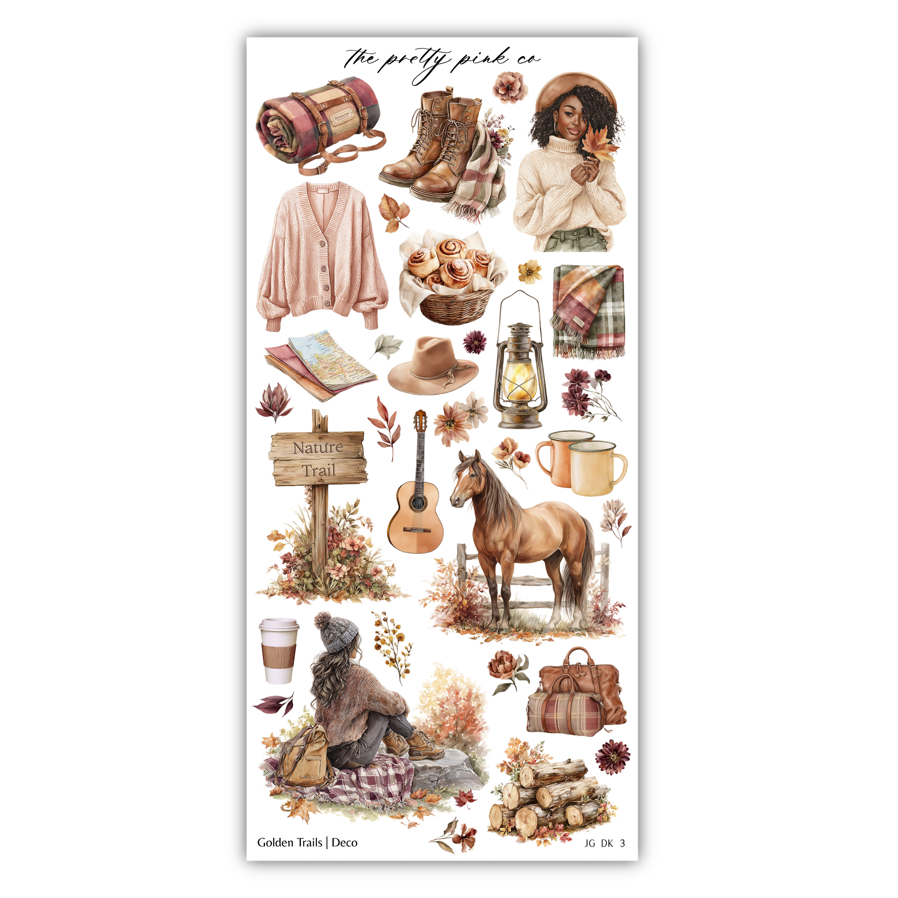 The image is a collage of various autumn-themed items, including clothing, accessories, and a horse, all set against a white background.
