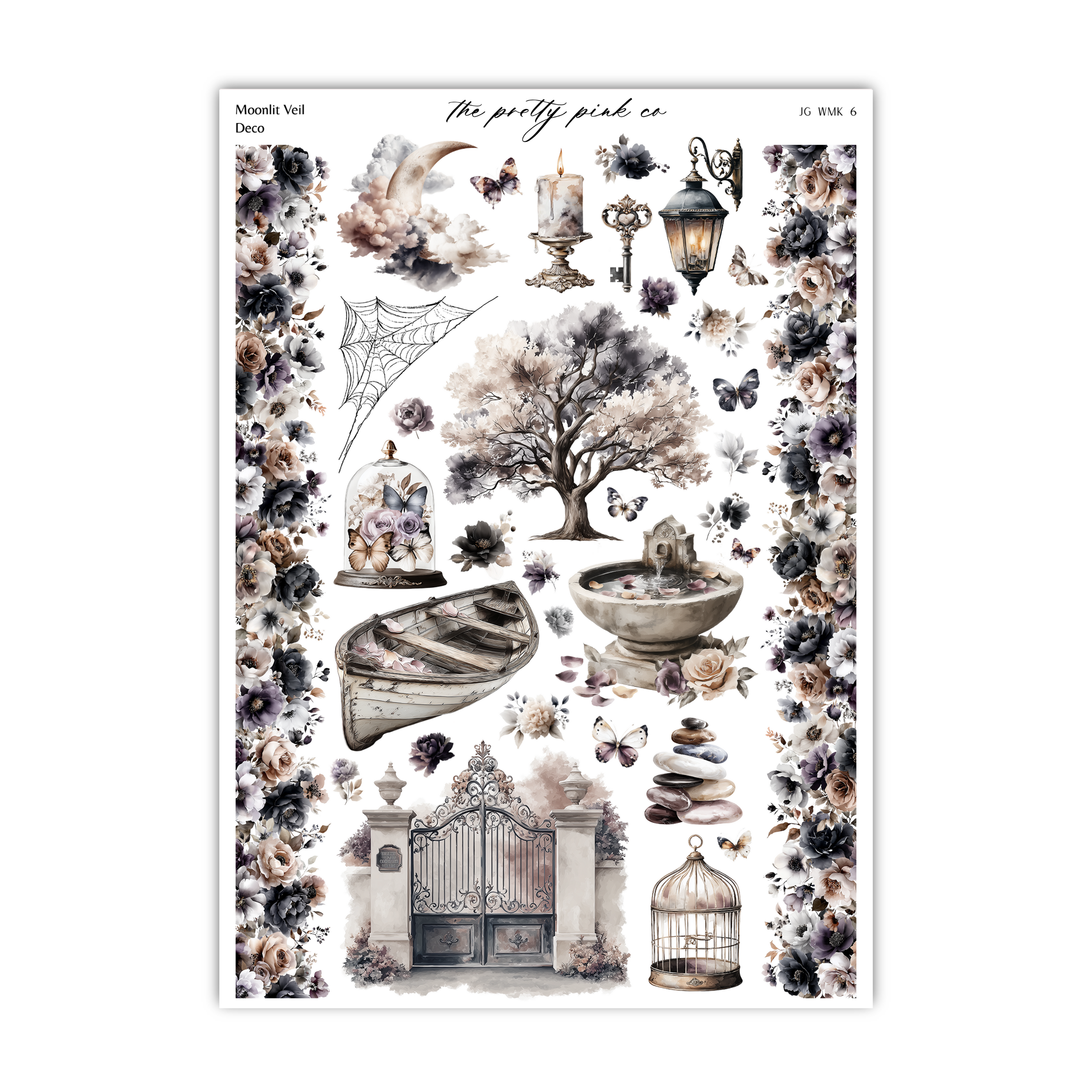 The image is a collage of various decorative elements, including a tree, a boat, a birdcage, a lantern, and a spider web, all set against a floral background.
