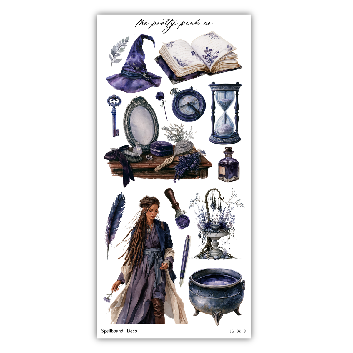 The image is a collage of various objects and elements related to spells and magical practices, including a witch's hat, a book, a clock, a vase, a wand, a cauldron, and a woman with long hair.