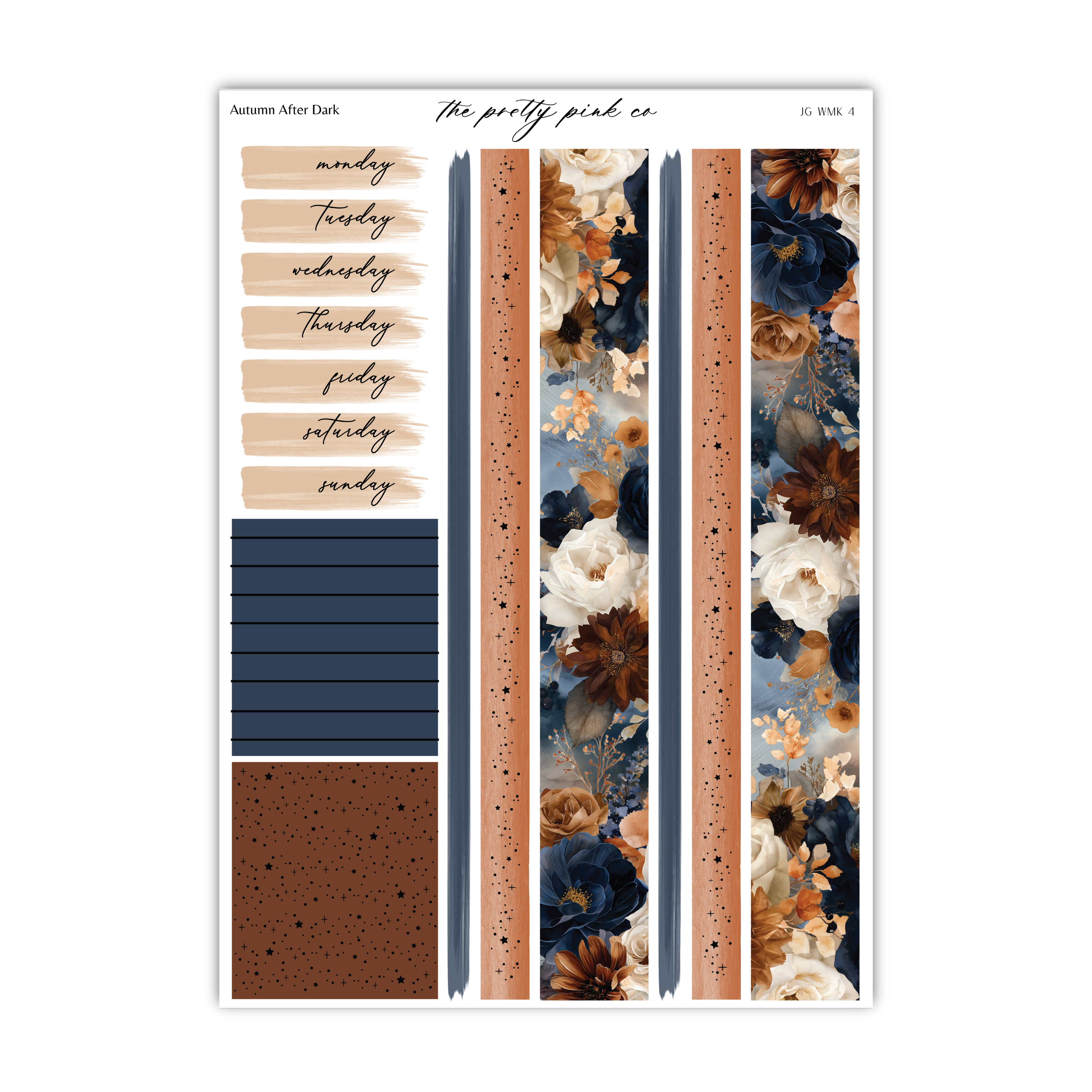 The image is a collage of various elements, including a floral pattern, a textured background, and a list of days of the week.