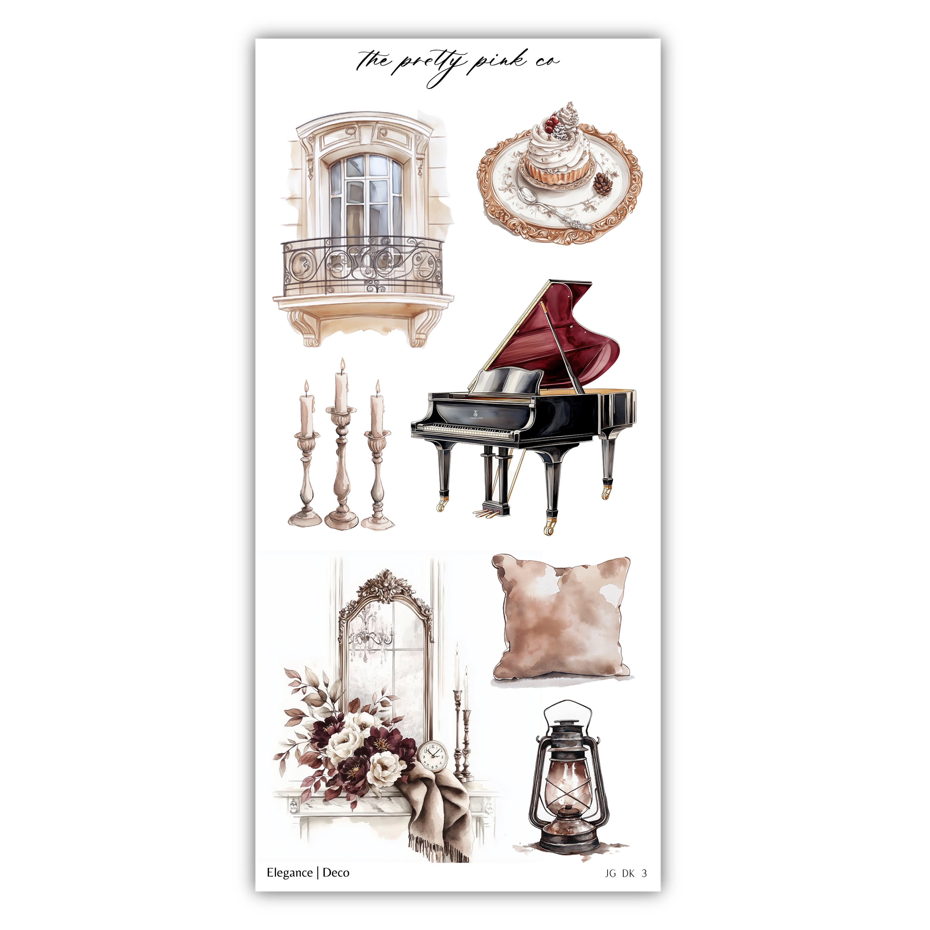 a sheet of stickers with a piano and other items