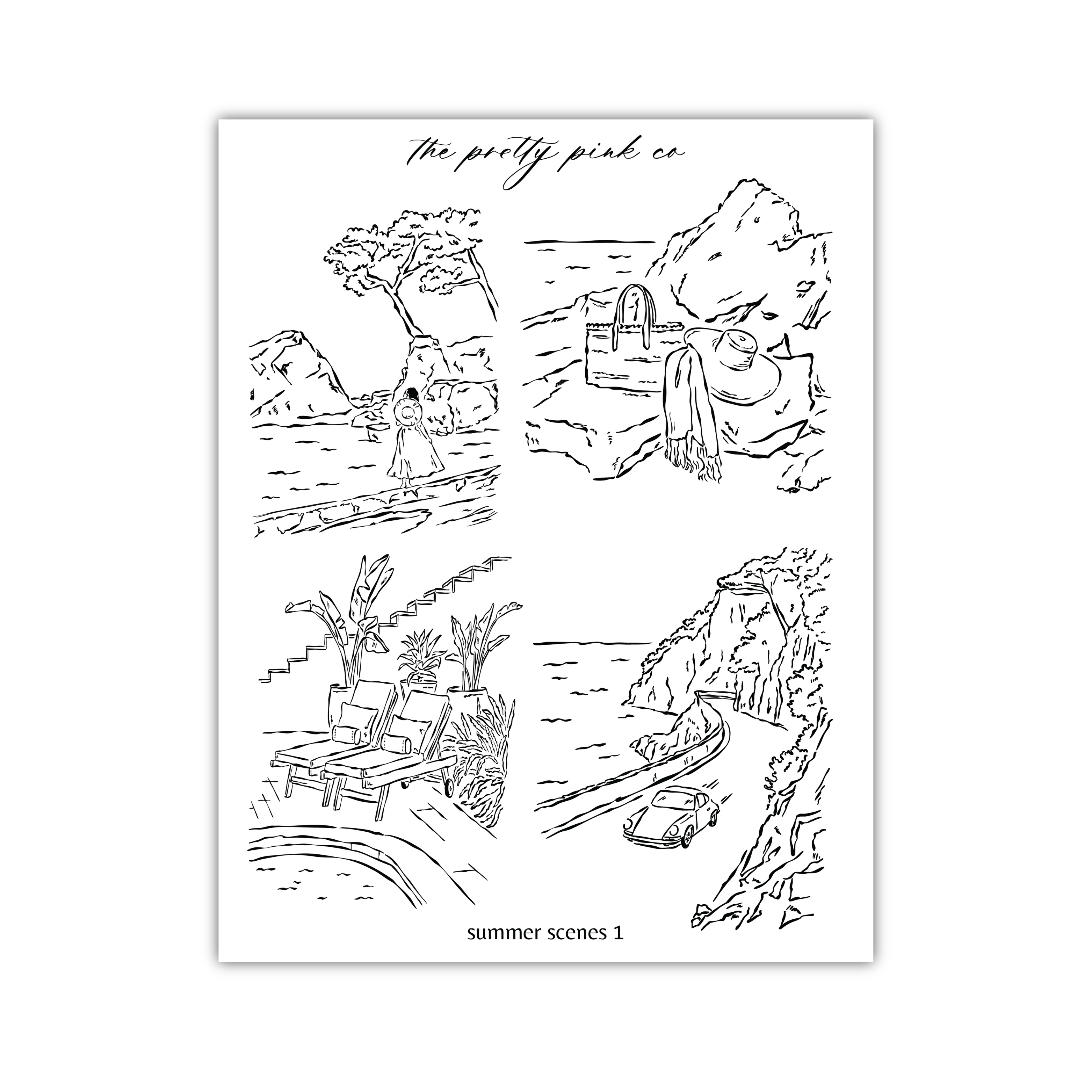 The image is a black and white line drawing depicting various summer scenes, including a person walking, a person sitting on a bench, a person riding a surfboard, and a person driving a car.