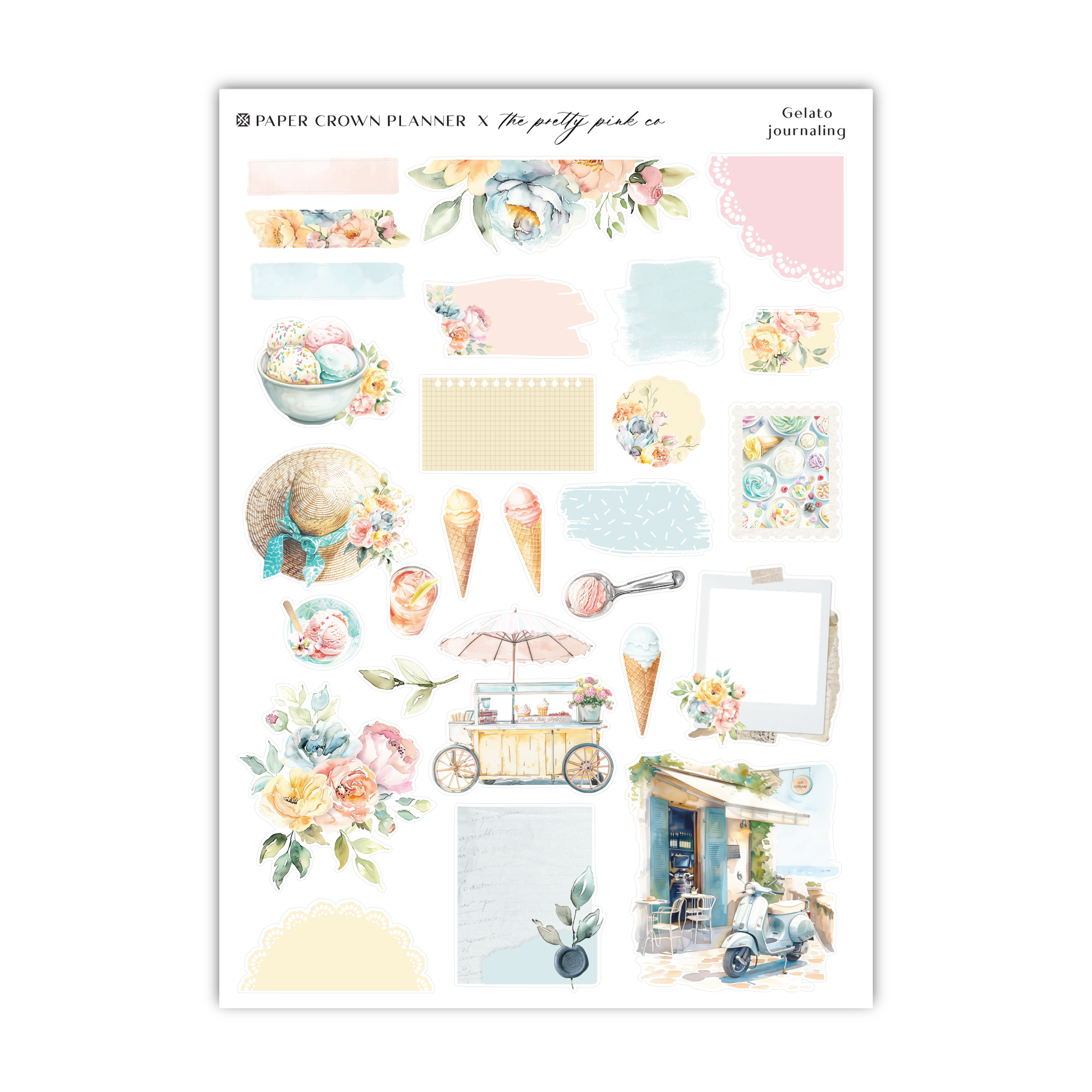 a sticker sheet with flowers and ice cream