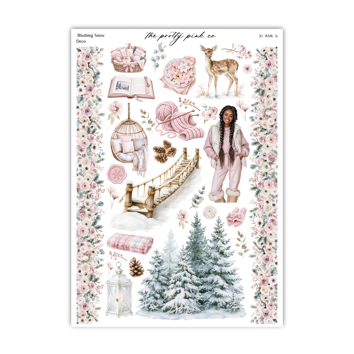 The image is a collage of various winter-themed items and a woman, including a deer, a basket, a book, a bridge, pine trees, and a woman in a pink outfit.