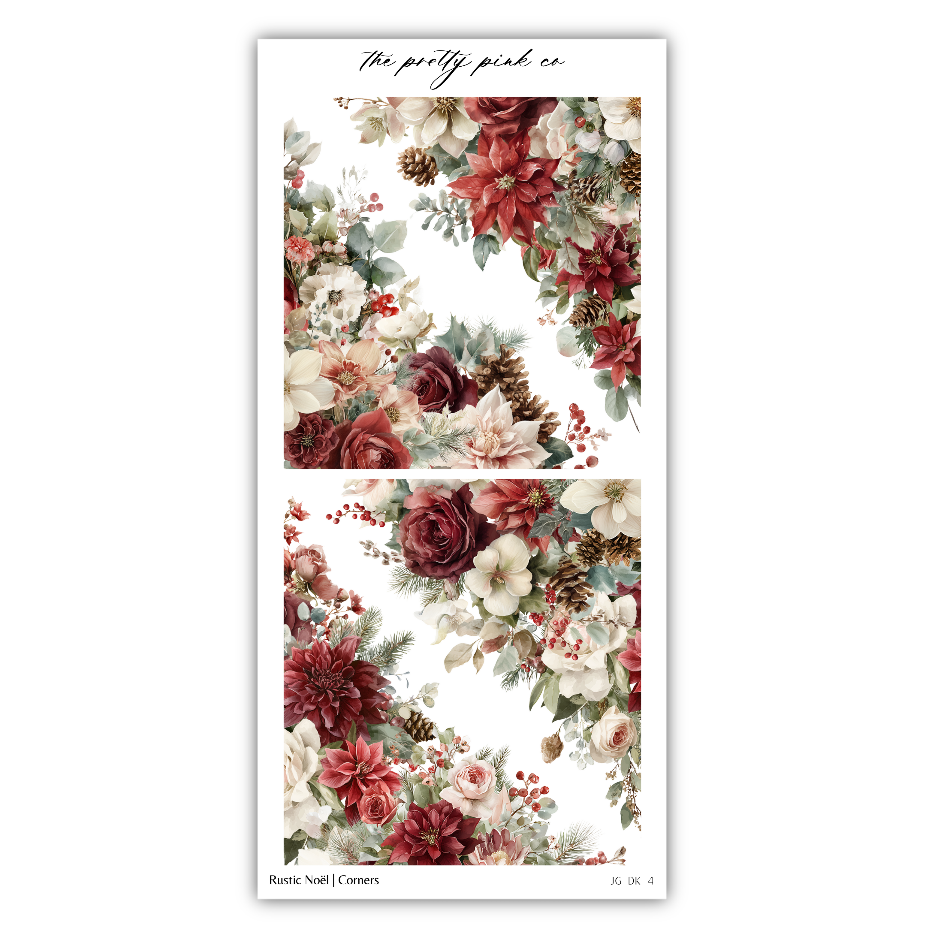 The image is a collage of two floral images, featuring a variety of red, white, and green flowers, along with pine cones and other natural elements. The collage is titled "The pretty pink co" and includes the text "Rusting Noel | Covers" at the bottom.