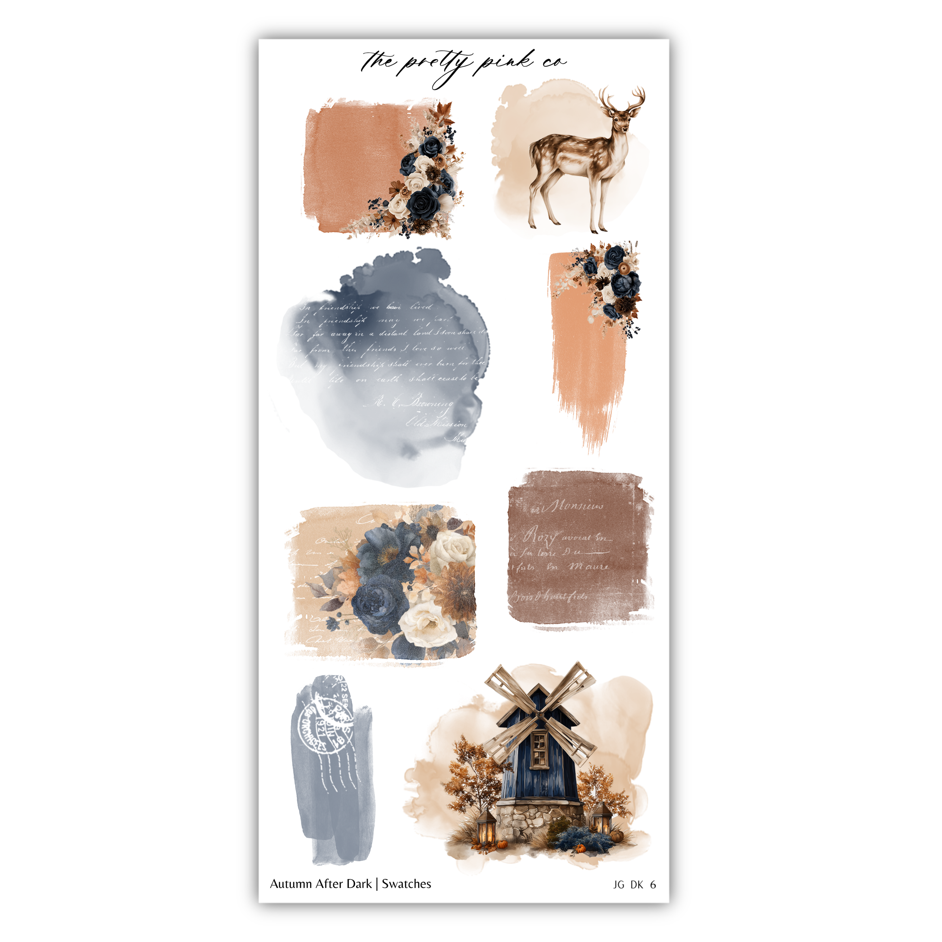 various artistic elements, including a deer, flowers, and a windmill, arranged in a visually appealing manner.