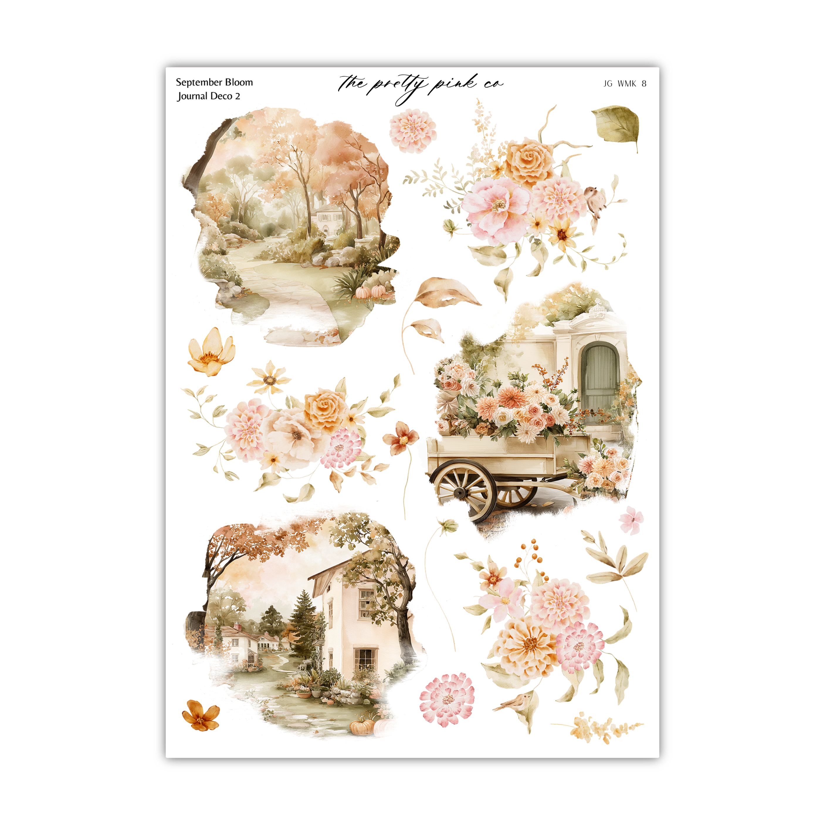 The image is a collage of various floral and landscape scenes, including a garden, a house, and a wagon, all adorned with flowers and leaves. The collage is titled "September Bloom" and includes images of a journal and a wagon, as well as a house and a garden. The collage is presented in a visually appealing and artistic manner, showcasing the beauty of nature and the charm of a serene autumn setting.