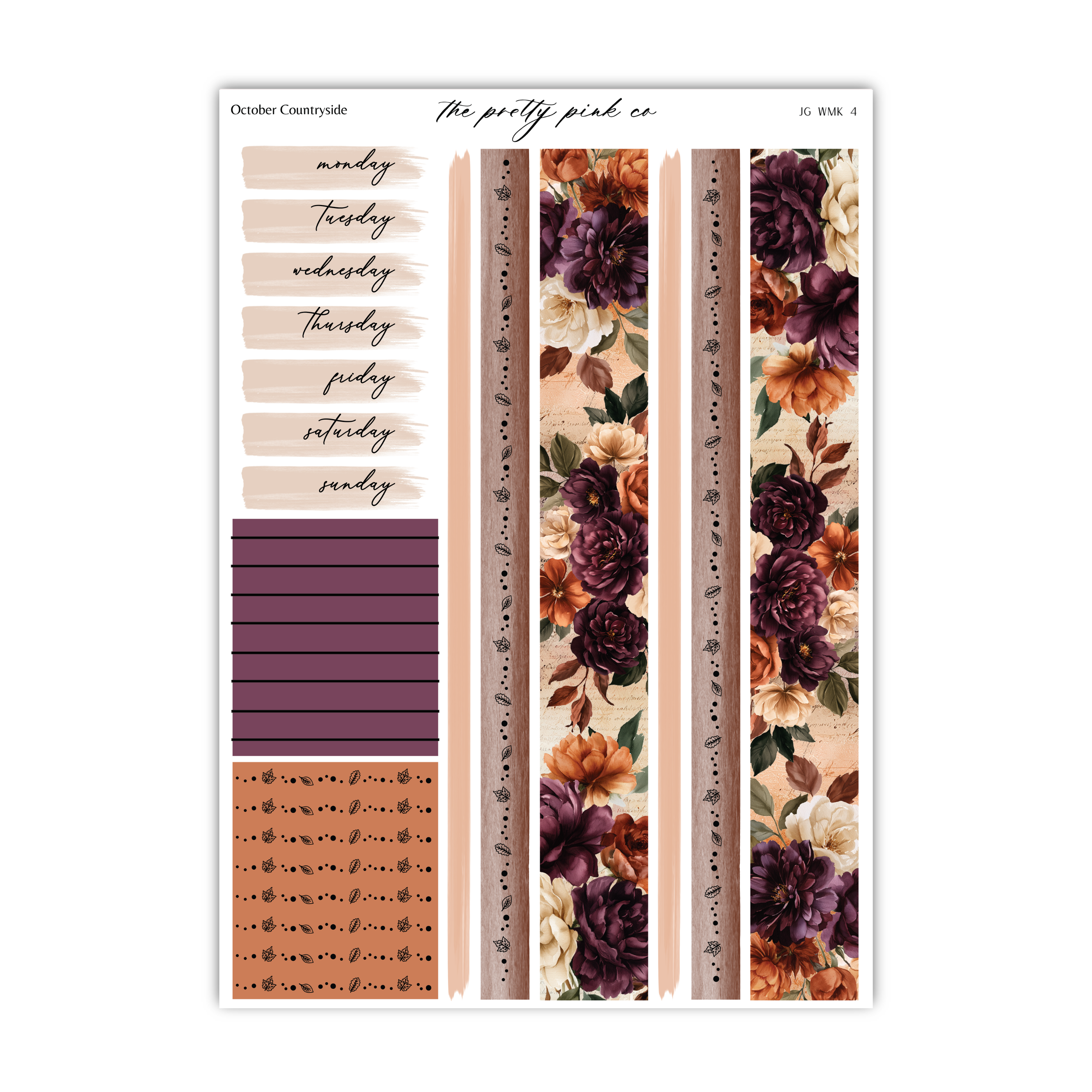 The image is a collection of design elements, including a floral pattern, a calendar, and a color palette, all arranged in a visually appealing manner.
