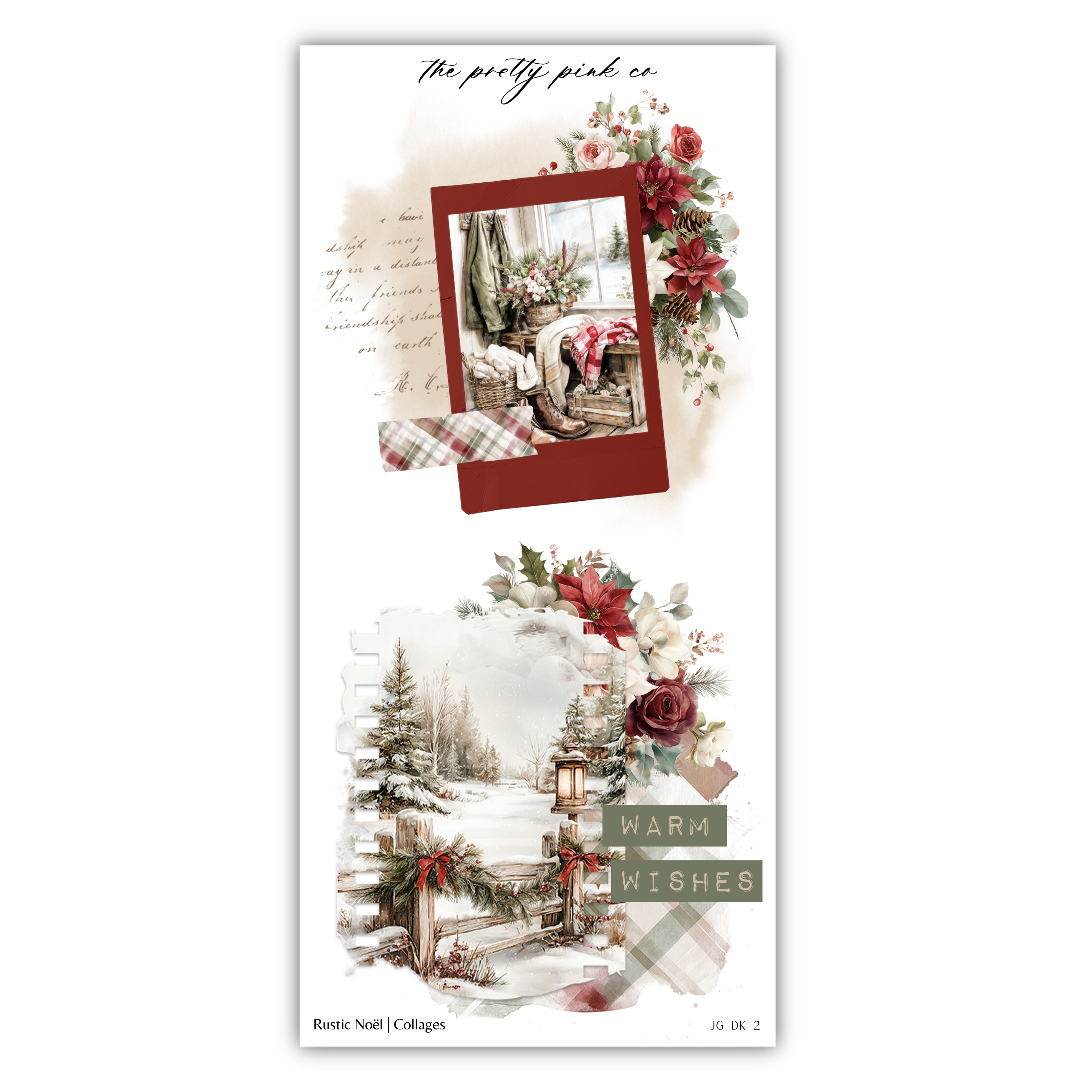 The image is a collage of two pictures, one depicting a snowy landscape with a cabin and the other showing a person sitting in a chair. The collage includes text elements such as "The pretty pink co" and "Warm wishes".