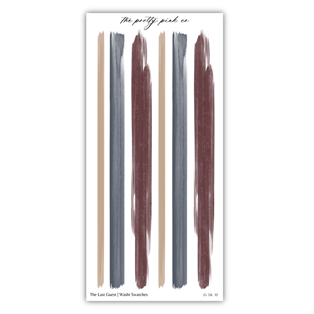 The image is a collage of six vertical lines, each with a different color: light brown, dark brown, dark red, light red, dark red, and light gray. The text at the top of the image says "The pretty pink co", and the bottom of the image says "The Last Guest / Washi swatches".