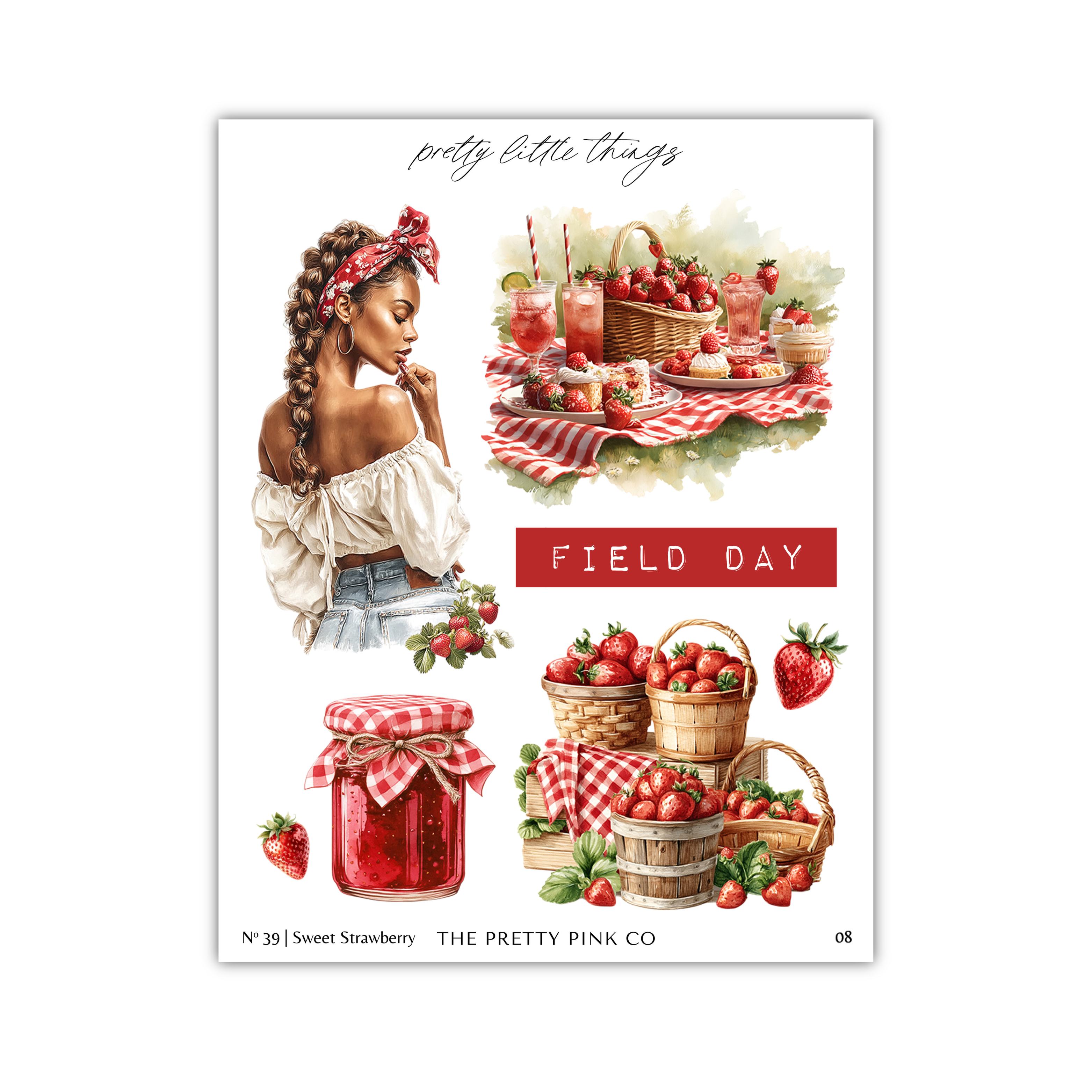 The image is a collage of various illustrations related to "field day", including a woman with braided hair, baskets of strawberries, and jars of jam.