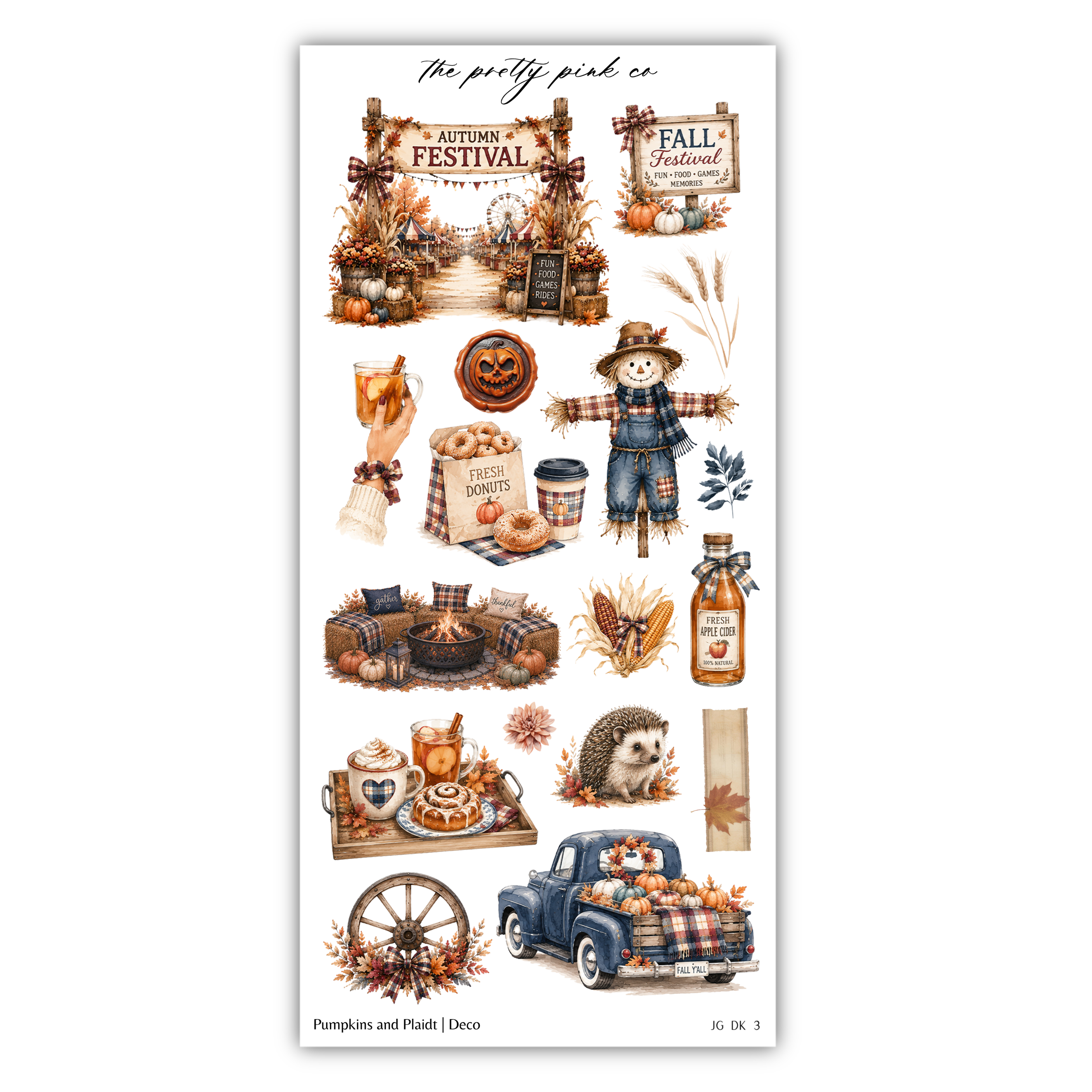 various fall-themed items and decorations, including pumpkins, plaid blankets, a scarecrow, a wagon, a sign, a clock, a cup, a bottle, a bowl, a cake, a carrot, a hedgehog, a bird, a pumpkin, a wagon wheel, and a sign.
