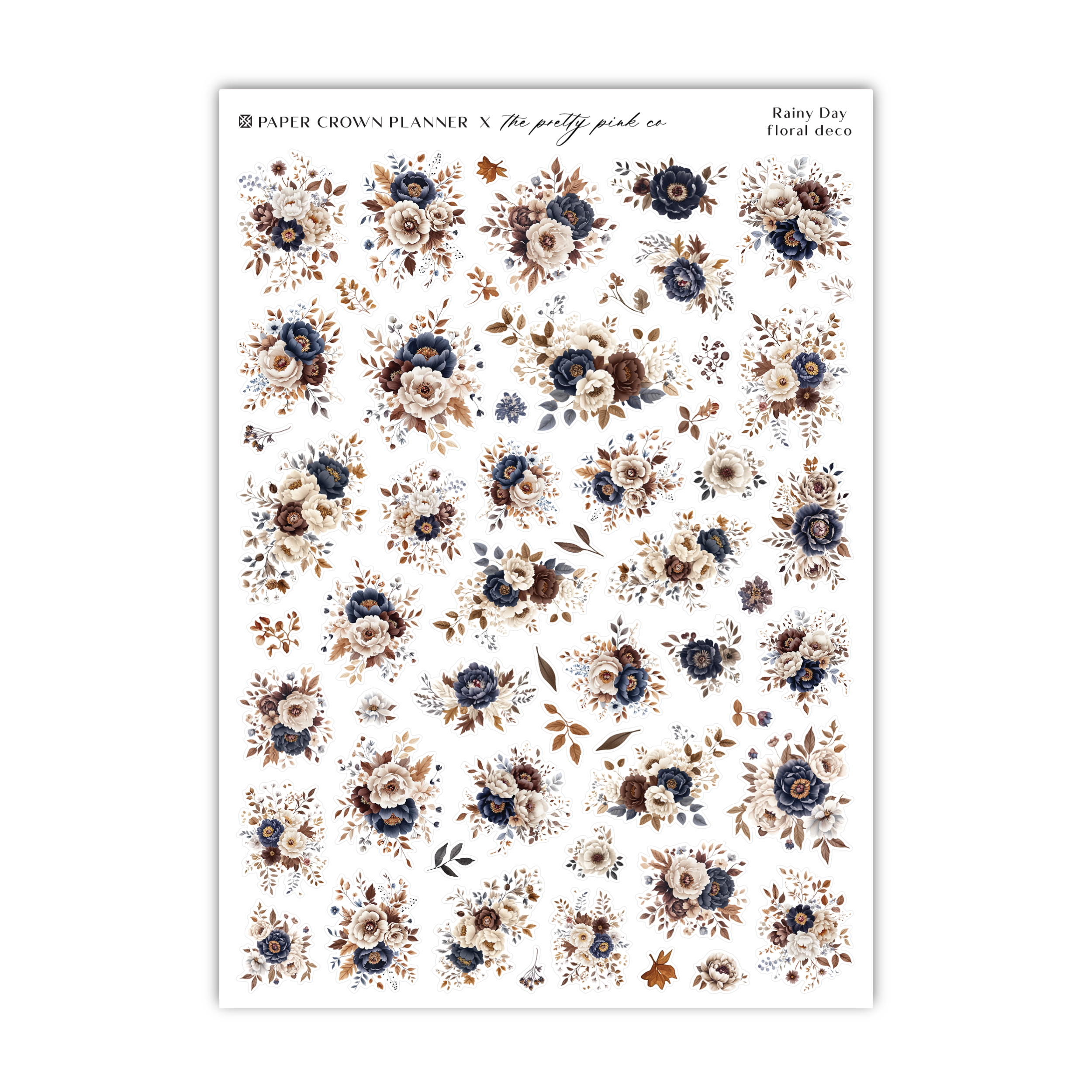 a sheet of white paper with blue and brown flowers on it