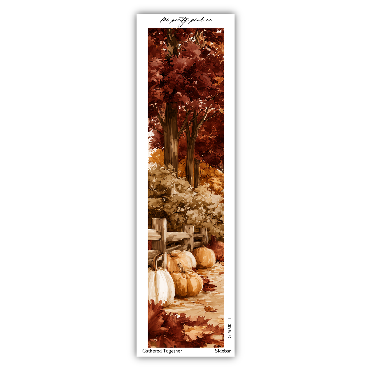 A vertical image depicting a fall scene with a tree, pumpkins, and a wooden fence.