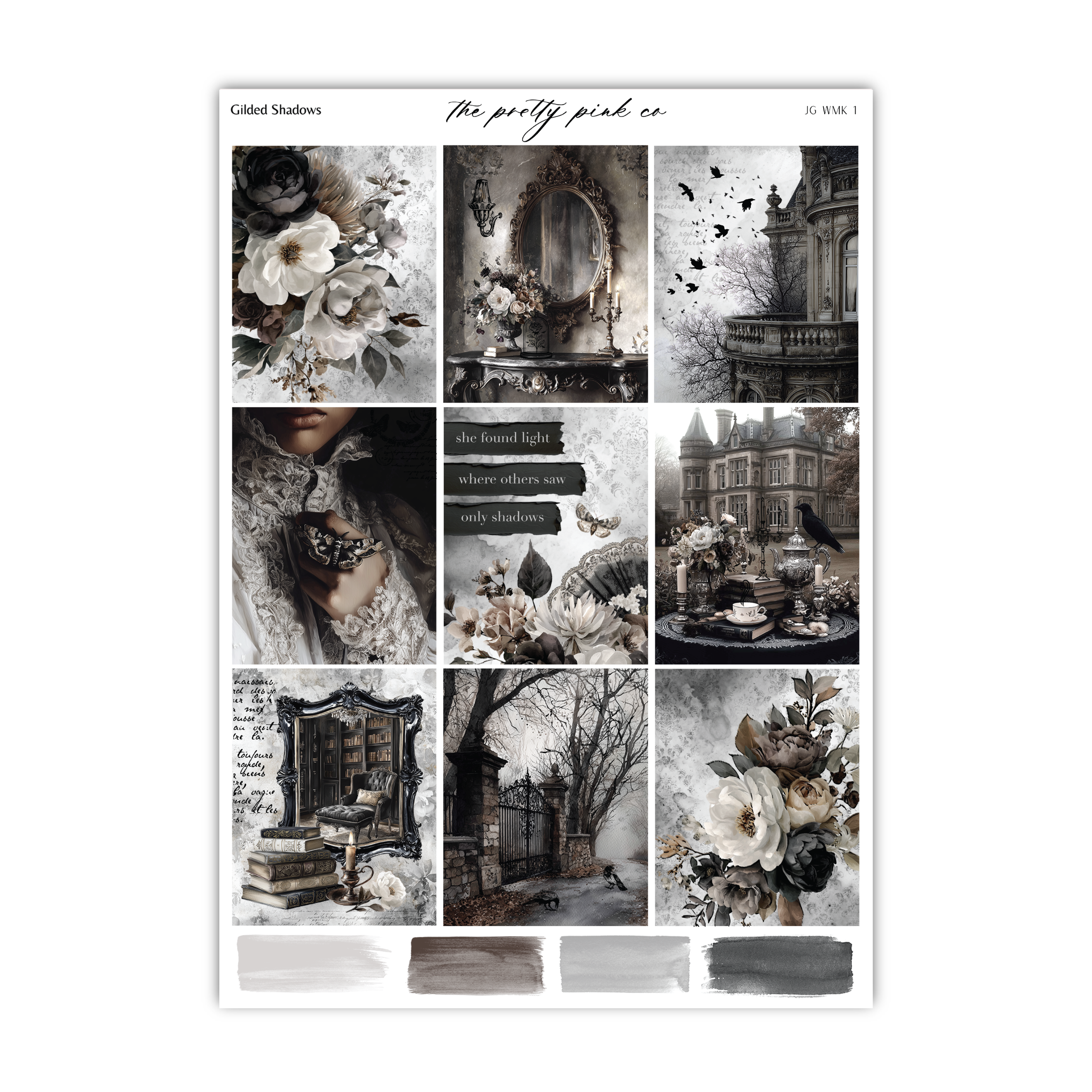 The image is a collage of various artistic and decorative elements, including floral arrangements, architectural details, and text.
