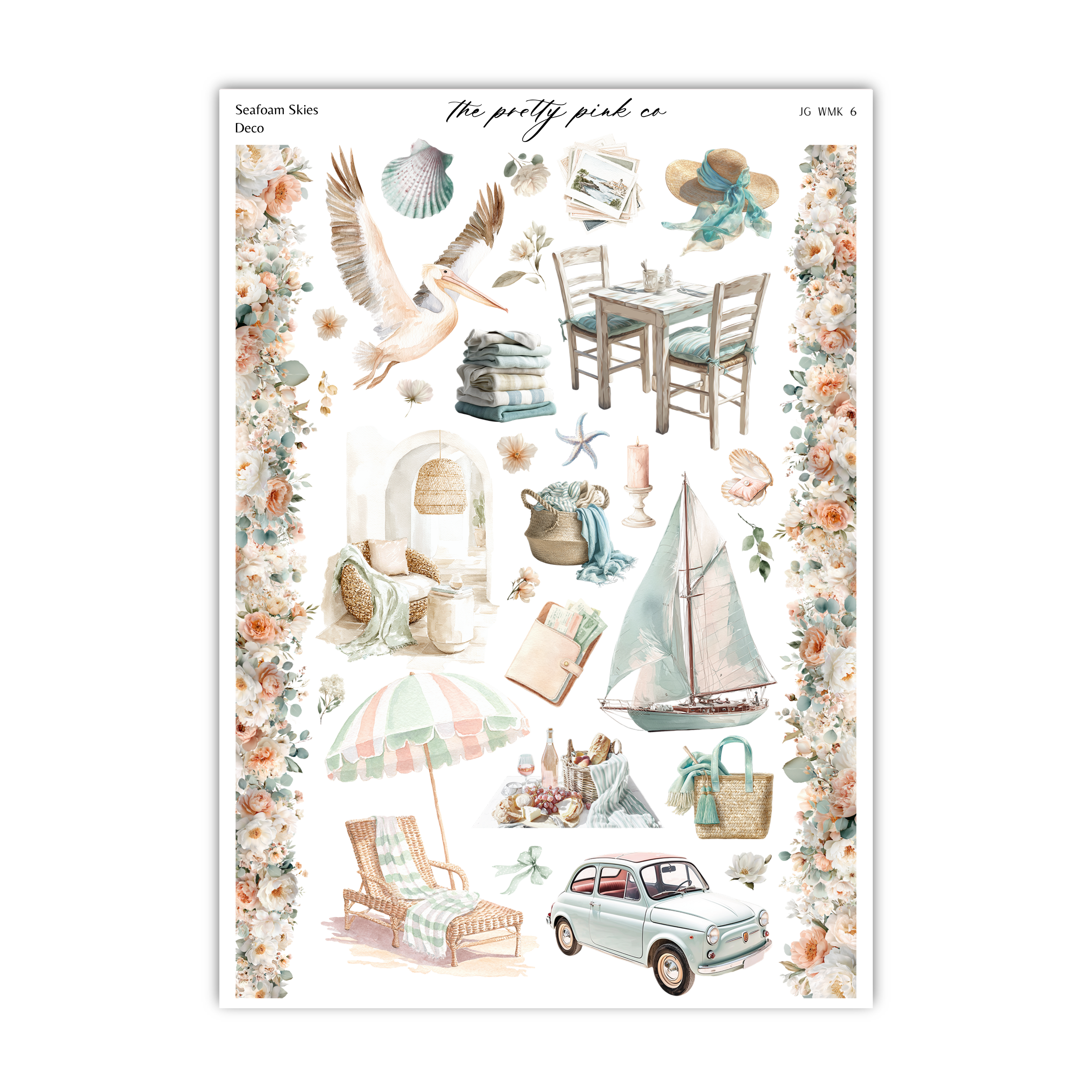 The image is a collage of various objects and scenes, including a pelican, a sailboat, a chair, a table, a car, a beach umbrella, and other beach-related items.