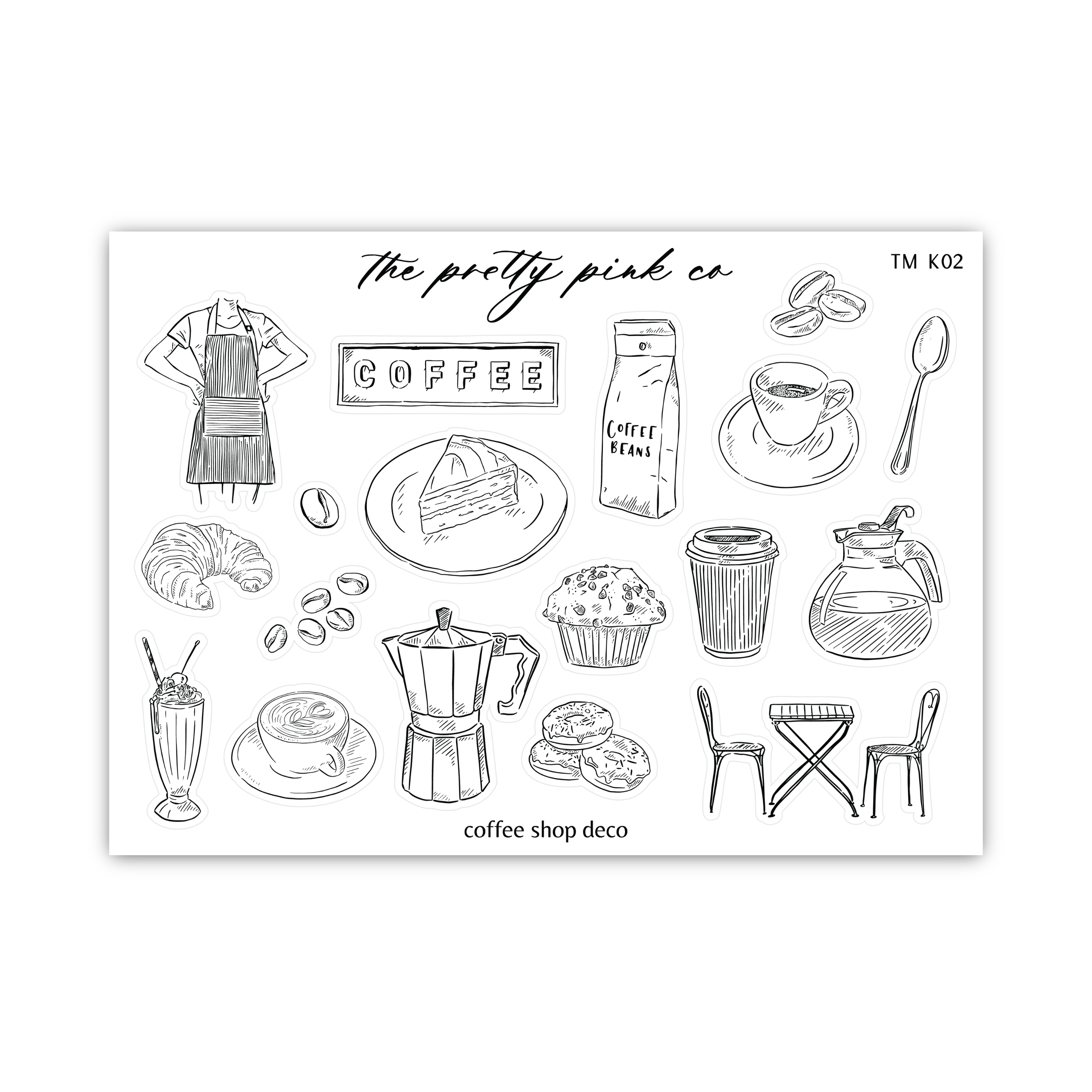 a black and white drawing of coffee shop items