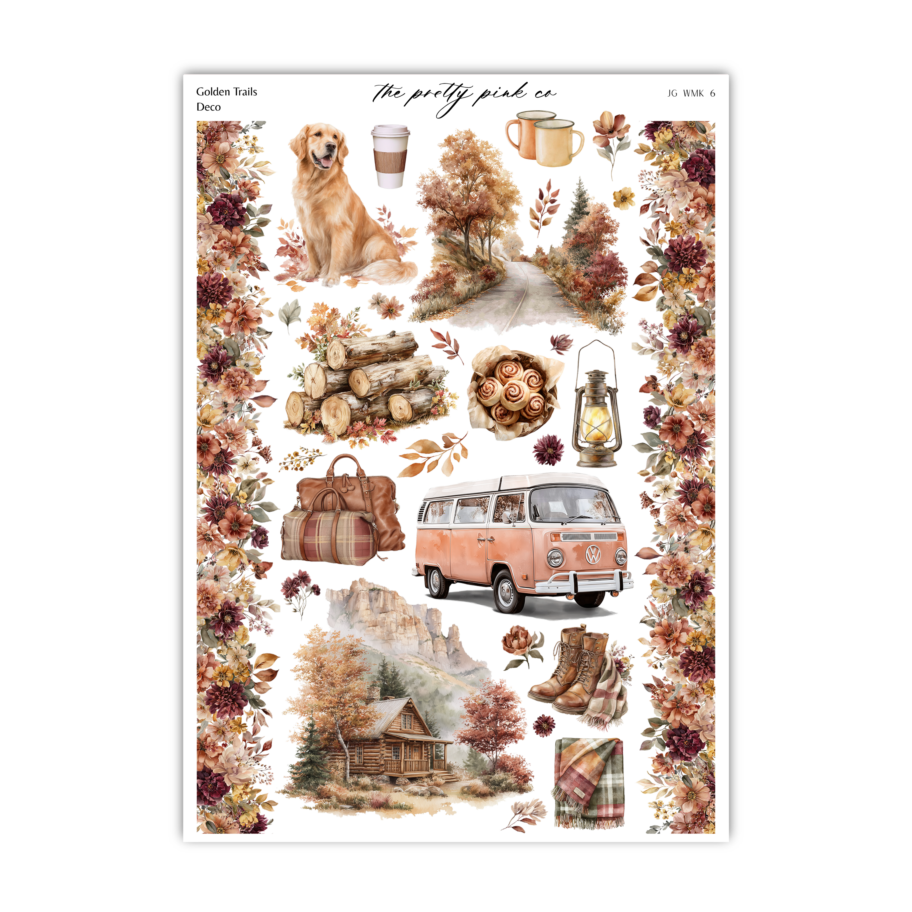 The image is a collage of various autumn-themed items, including a golden retriever, a picnic basket, a van, a lantern, a cabin, and a dog. The collage is framed by a border of autumn leaves and flowers, creating a warm and cozy atmosphere.