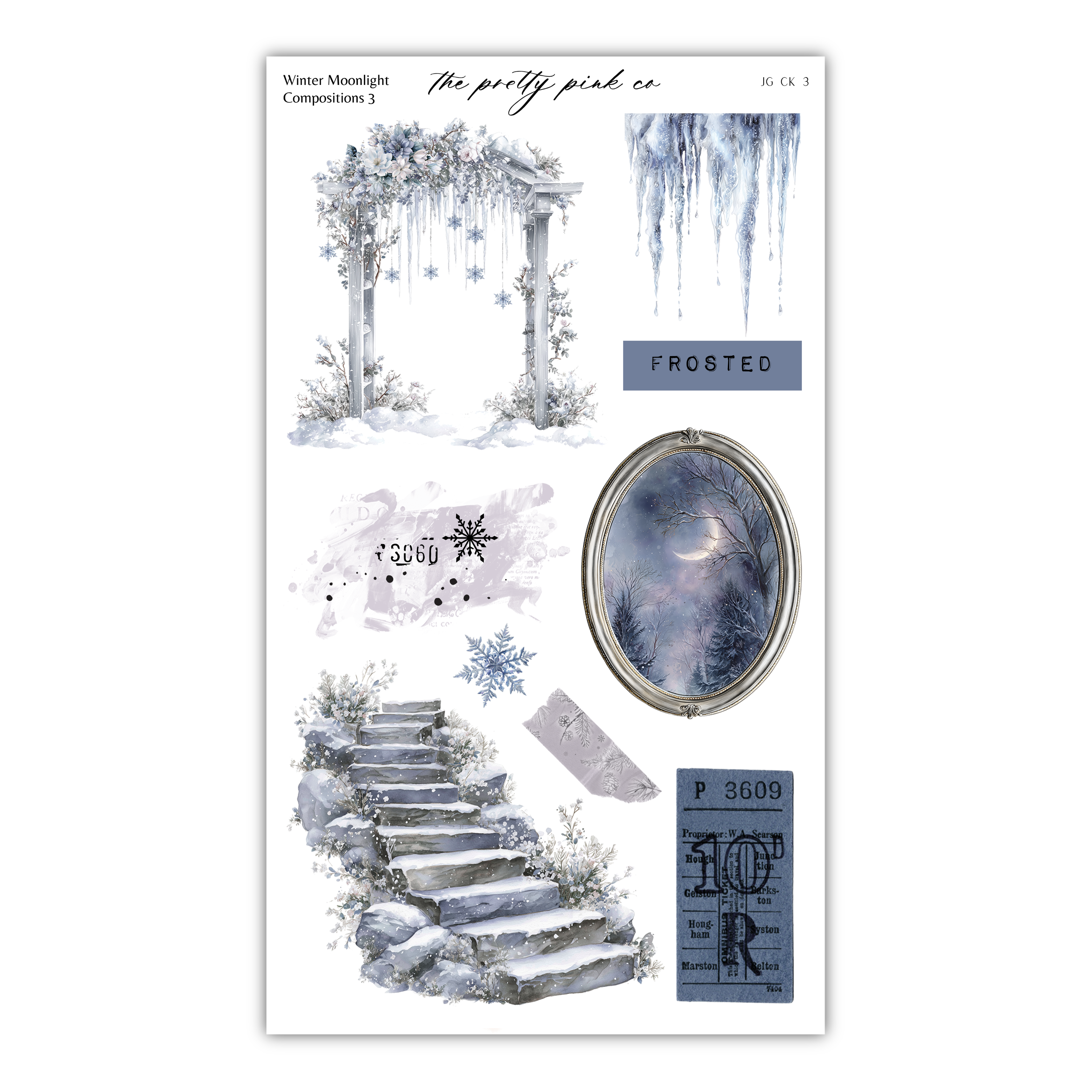various winter-themed elements, including an archway, a frosted window, a staircase, and a snowflake. The image is a collage of these elements, and it is not a single image but a collection of different pictures.