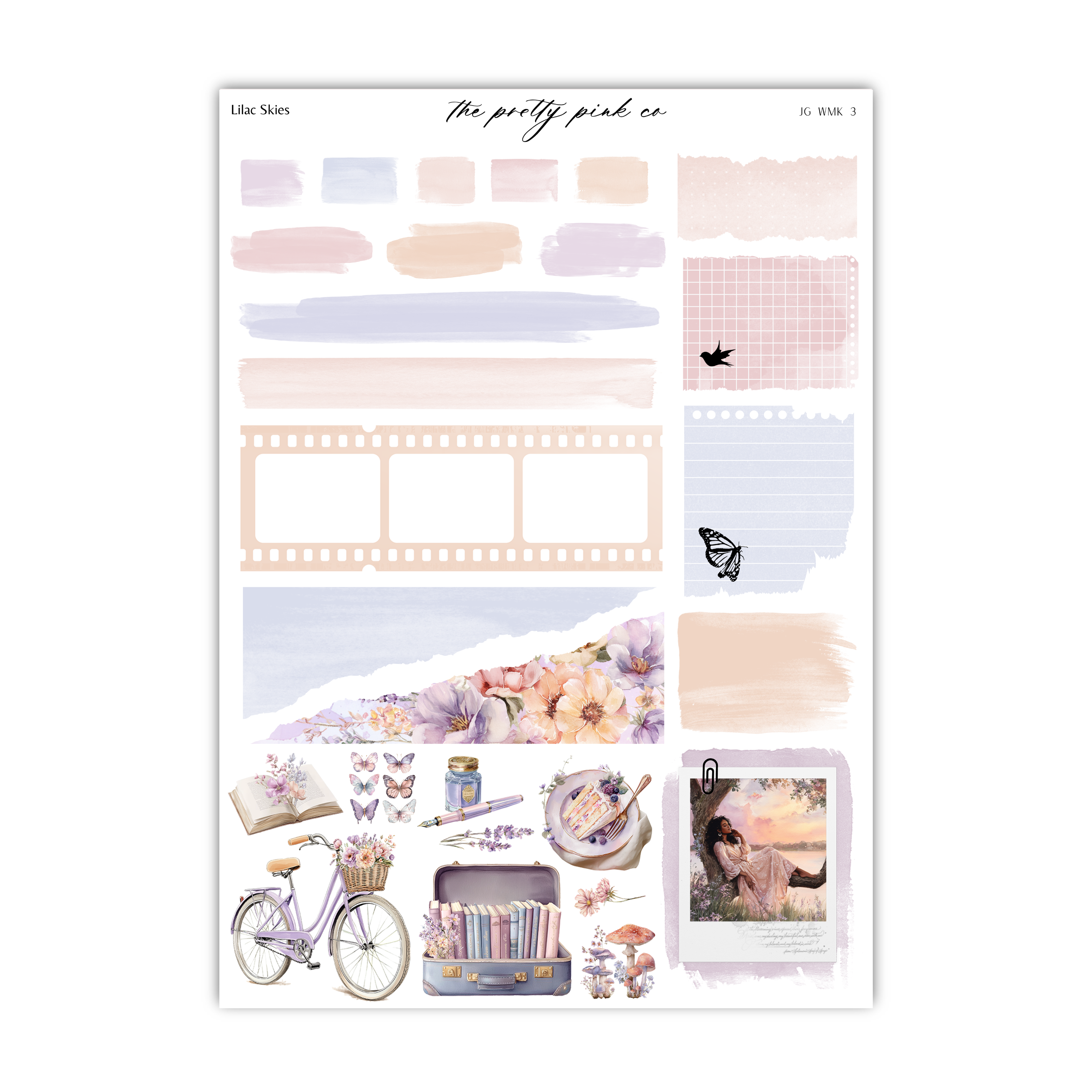 The image is a collection of various decorative elements and objects, including a bicycle, flowers, butterflies, and a suitcase, arranged in a visually appealing manner.