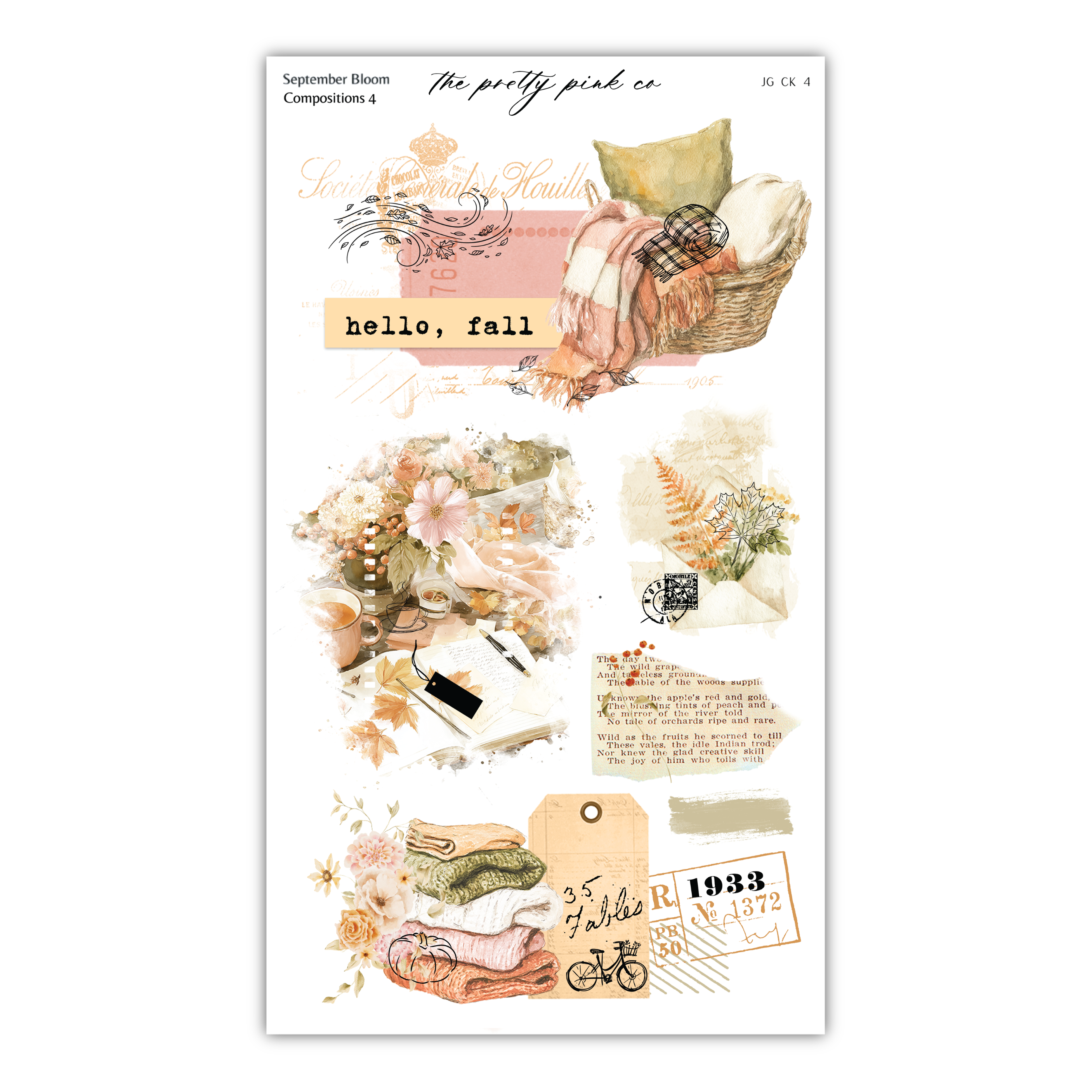 The image is a collage of various autumn-themed elements, including a basket of blankets, a floral arrangement, and a handwritten note. The collage also includes a bicycle, a typewriter, and a vintage postcard. The overall composition is visually appealing and showcases the beauty of fall.