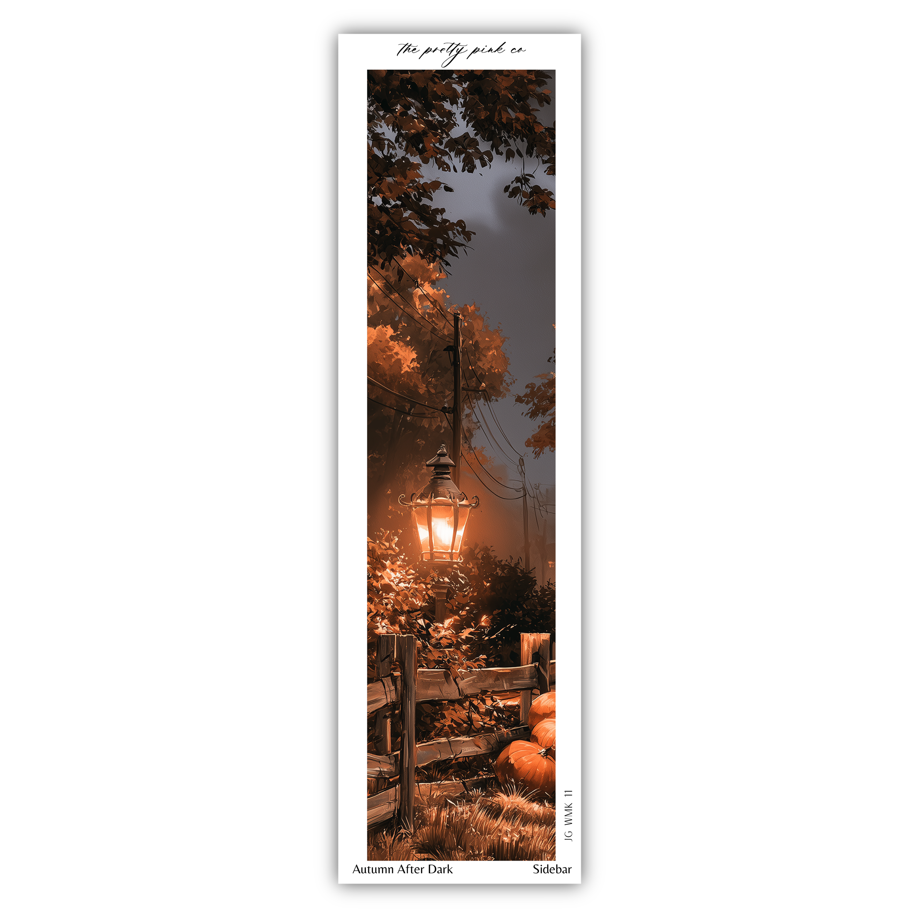 a serene autumn scene with a lantern hanging over a wooden fence, surrounded by trees and foliage.