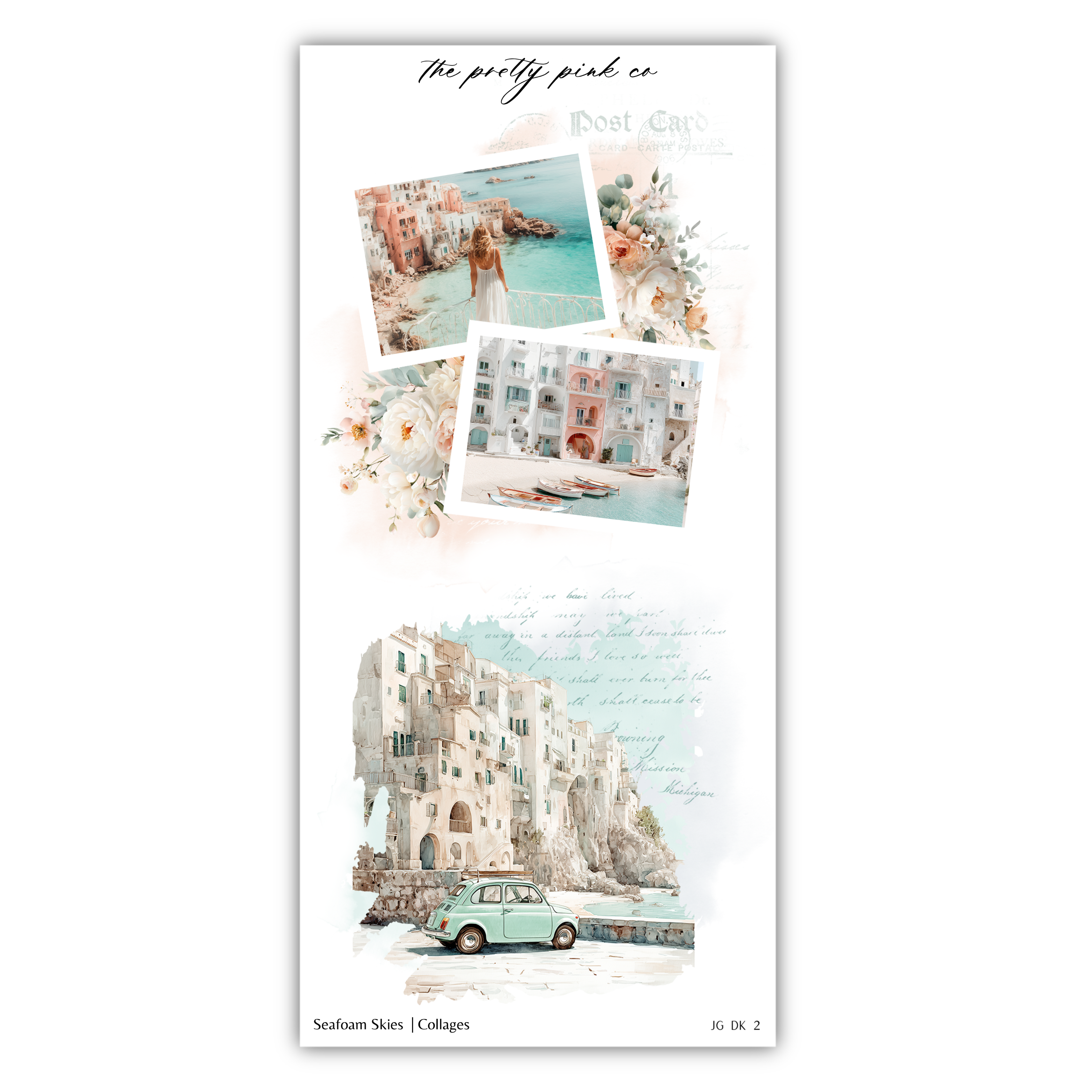 The image is a collage of three pictures depicting a coastal town, a woman in a white dress, and a vintage car.