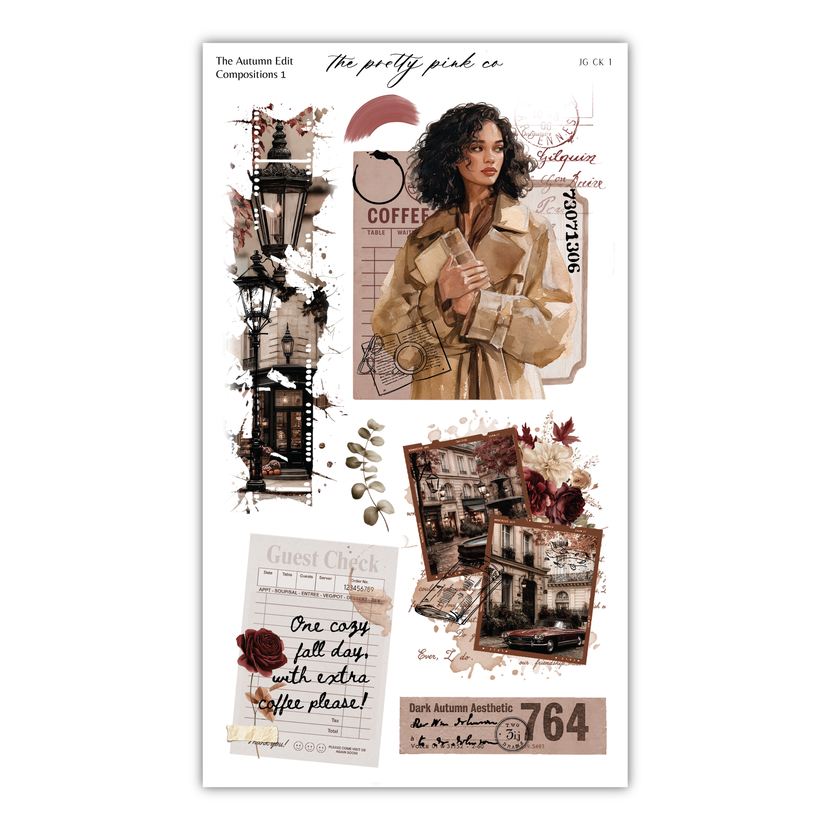 The image is a collage of various elements, including a woman in a trench coat, a coffee cup, and other decorative elements. The collage appears to be a creative and artistic composition, with a focus on the woman and the coffee cup.