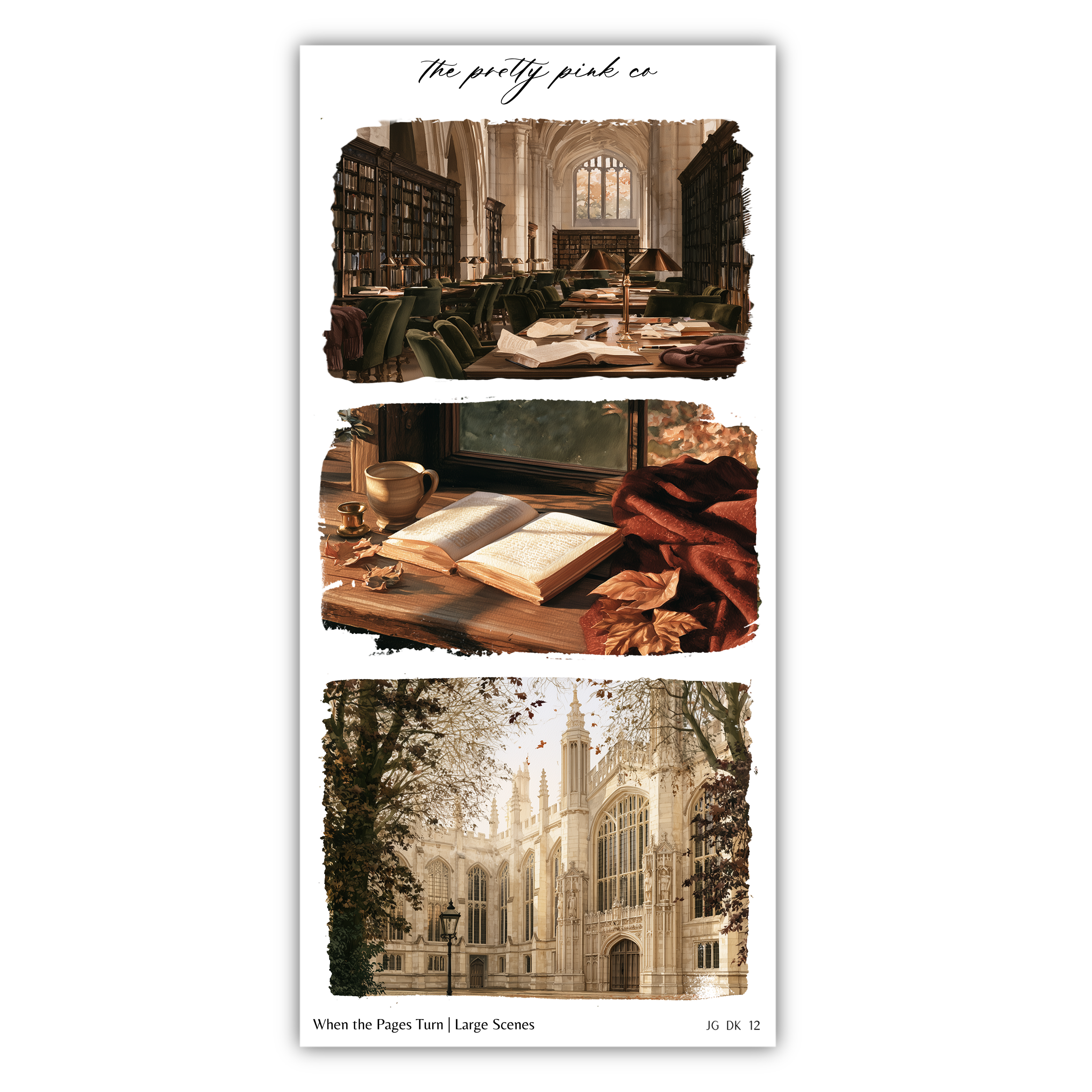 The image is a collage of three pictures depicting various scenes, including a library, a desk with an open book, and a large cathedral.
